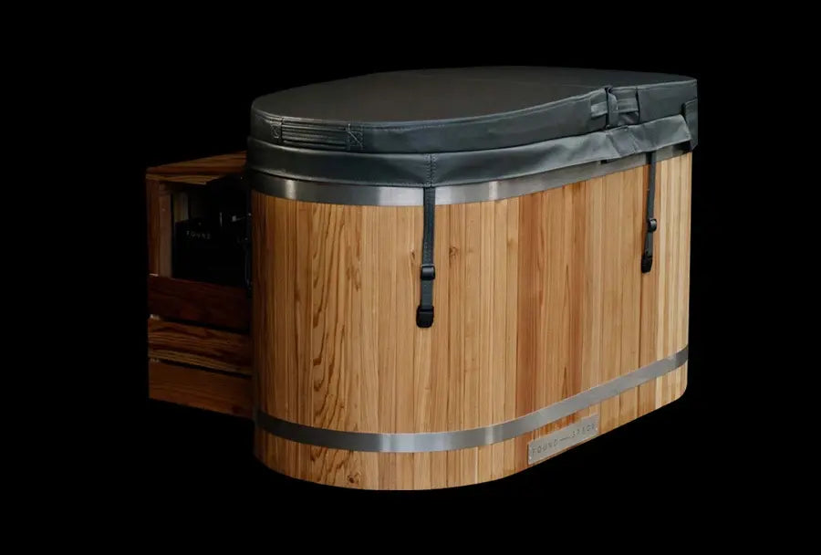 FoundSpace portable cedar hot tub with dark grey insulated cover, stainless-steel bands and wooden control box — outdoor spa suitable for patio or garden