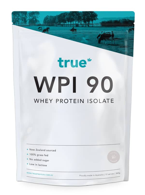 True WPI 90 whey protein isolate natural flavour – white resealable 360g pouch from True Protein, New Zealand-sourced, 100% grass-fed whey, low lactose, no added sugar, proudly made in Australia.