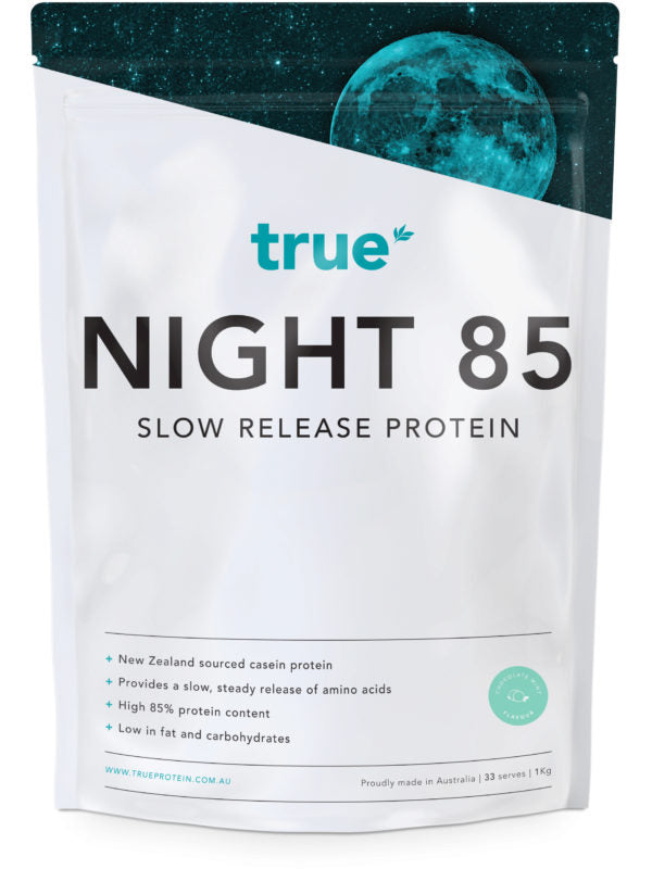 True Protein Night 85 slow-release casein protein powder pouch – 1kg white resealable bag with moon graphic, high 85% protein, New Zealand-sourced casein, low fat/carbs, 33 serves, made in Australia (trueprotein.com.au)