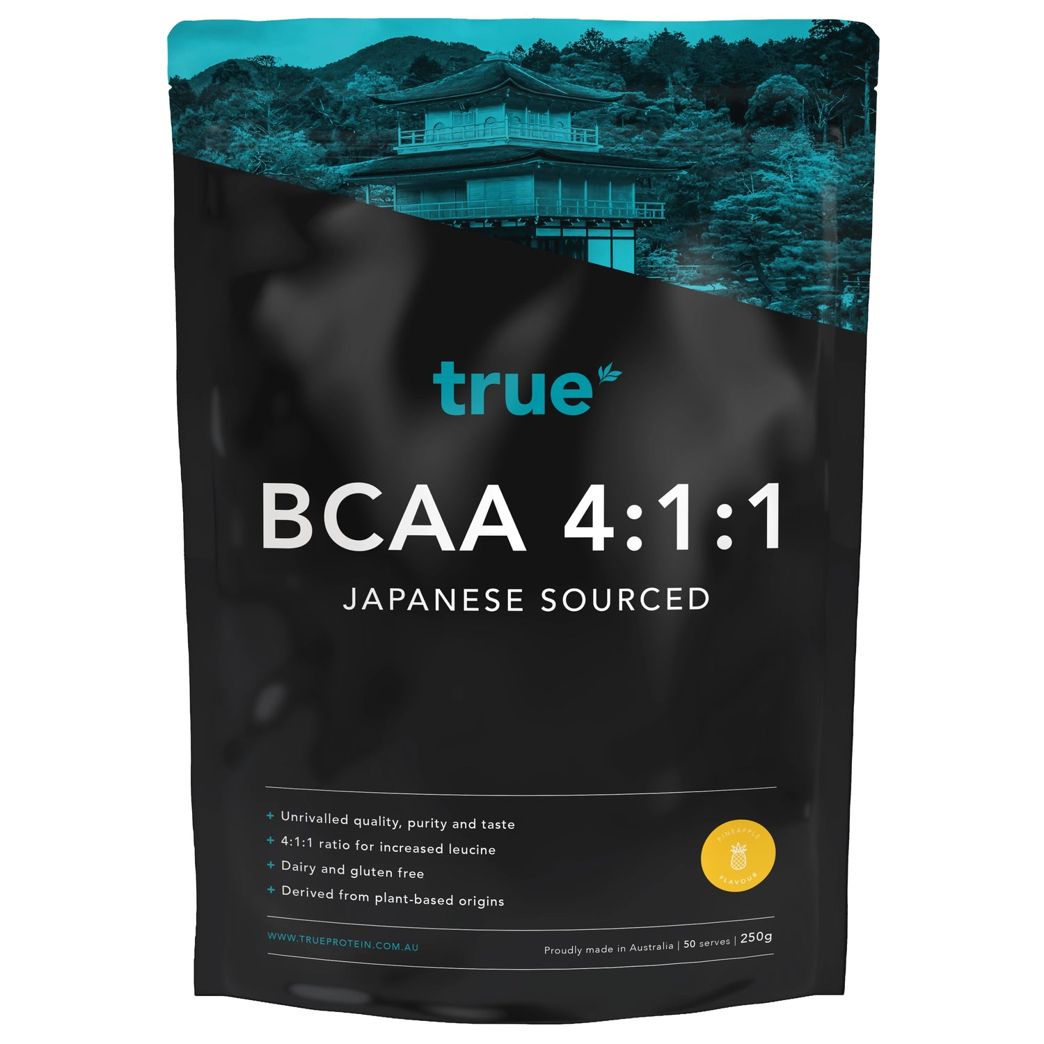 True Protein BCAA 4:1:1 supplement pouch – Japanese-sourced BCAAs, pineapple flavor badge, black resealable 250g bag with teal pagoda graphic, plant‑based, dairy & gluten‑free, proudly made in Australia