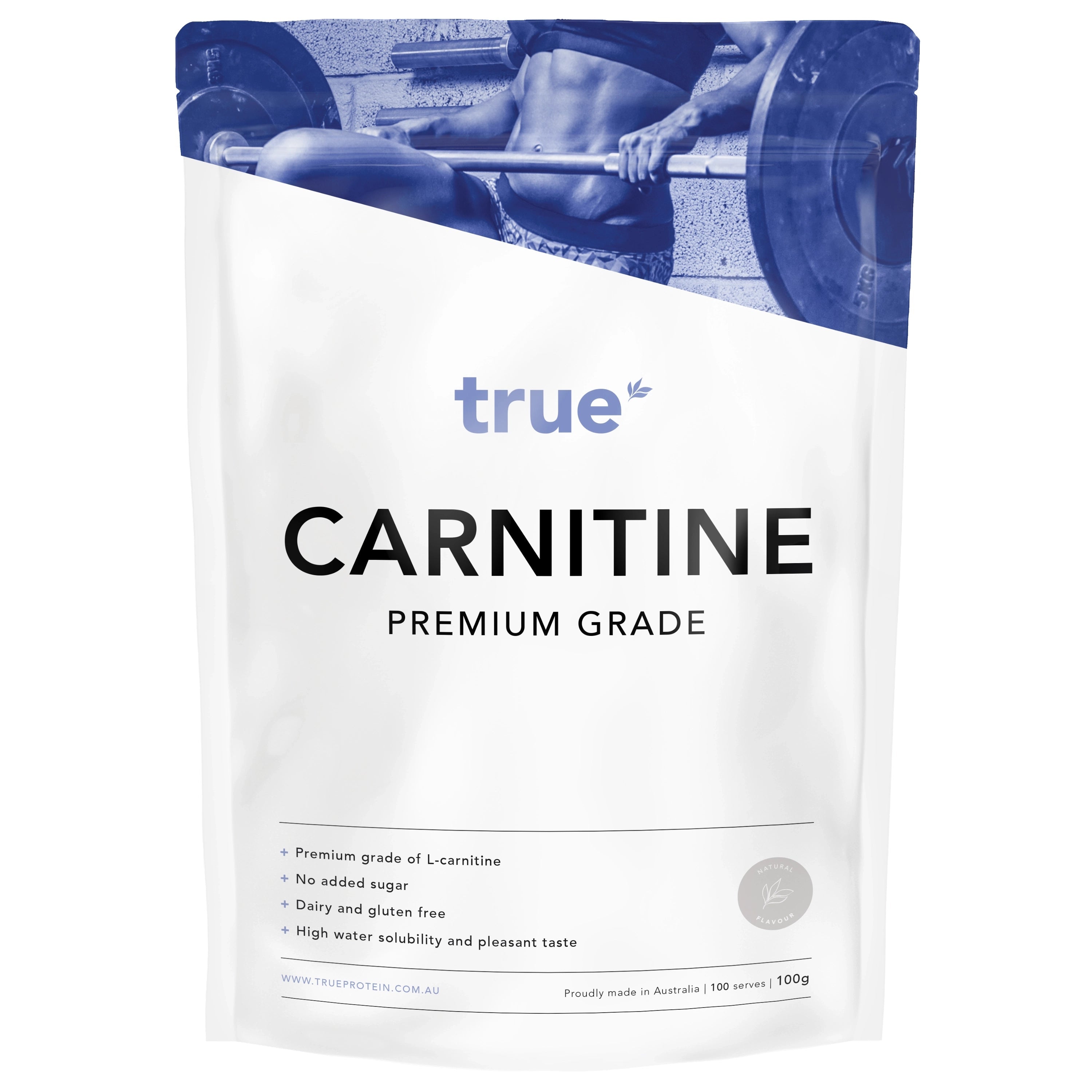 True Protein Carnitine premium L‑carnitine powder pouch 100g – white resealable fitness supplement bag, no added sugar, dairy &amp; gluten free, made in Australia.