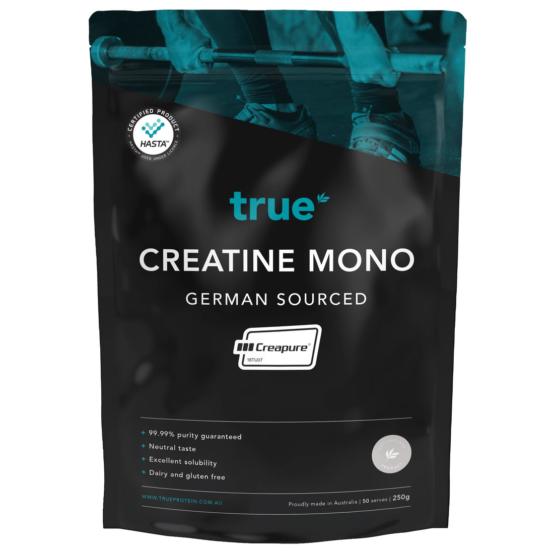 True Creatine Mono 250g resealable pouch – German-sourced Creapure creatine monohydrate powder, neutral taste, dairy &amp; gluten free, Australian brand packaging (True Protein)