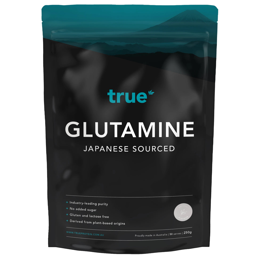 True Protein Glutamine powder in black resealable pouch, Japanese sourced plant-based glutamine, 250g (50 serves), gluten- and lactose-free, no added sugar, made in Australia, front packaging view.