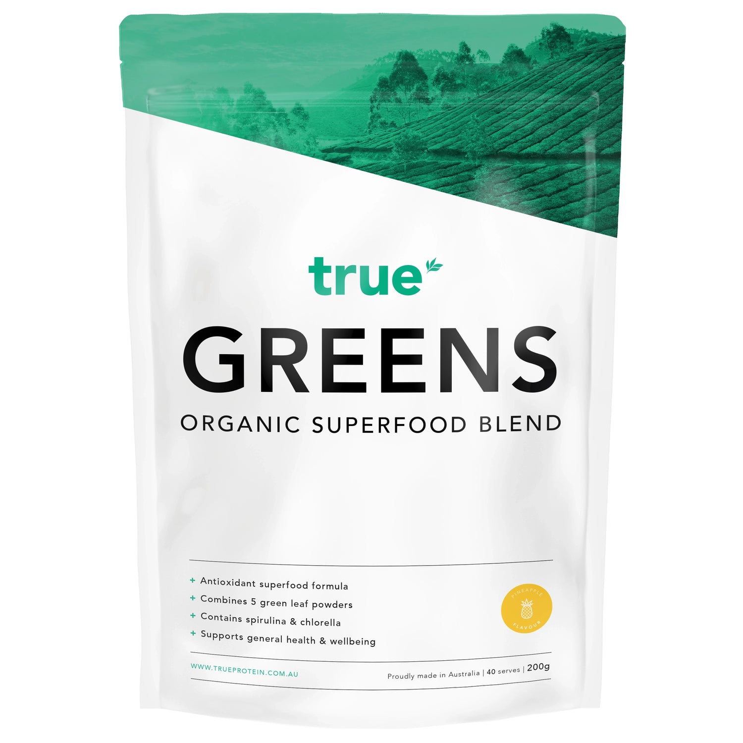 True Protein GREENS organic superfood blend pouch, pineapple flavour 200g — white and green resealable stand-up bag, made in Australia, spirulina & chlorella, antioxidant formula.