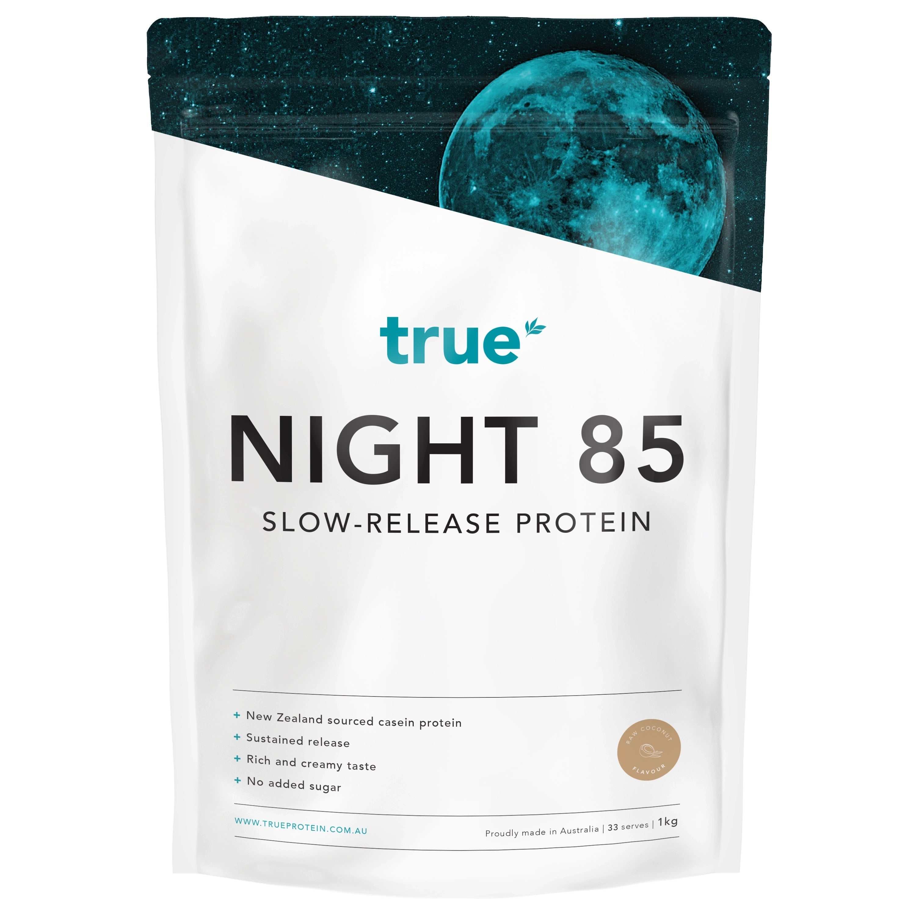 True Night 85 slow-release casein protein 1kg resealable pouch by True — coconut flavour, New Zealand‑sourced casein, white packaging with teal moon design, made in Australia (night protein for sustained release).