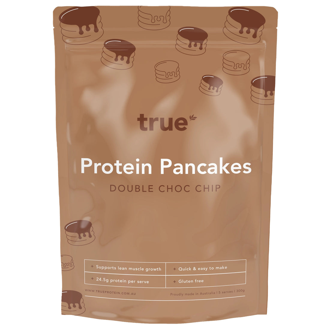 True Protein Protein Pancakes pouch, Double Choc Chip flavor, gluten-free high-protein pancake mix, 300g packet, proudly made in Australia.