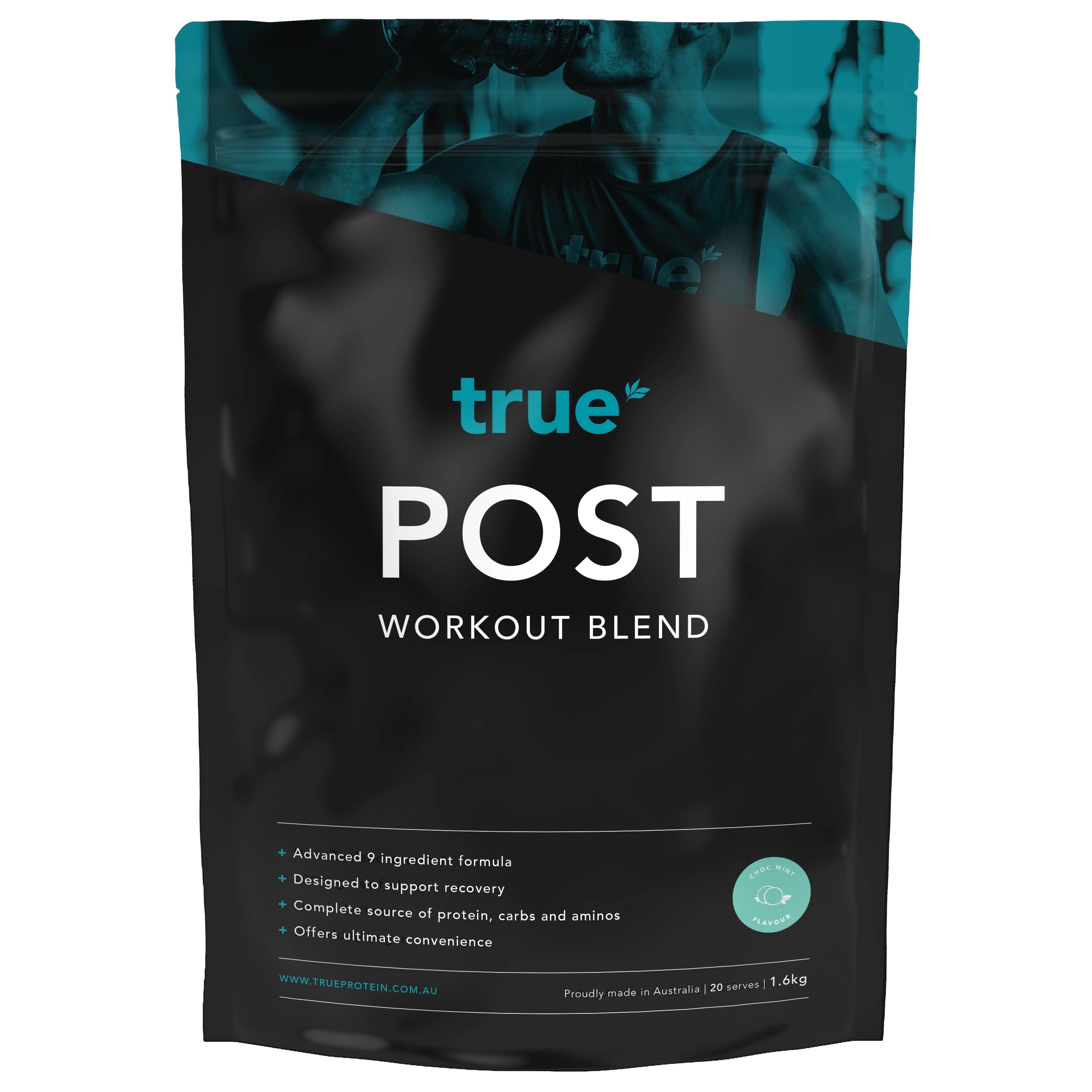 True Post Post-Workout Blend resealable black pouch 1.6 kg — chocolate mint protein recovery powder, complete source of protein, carbs & aminos, Australian-made sports supplement (trueprotein.com.au)