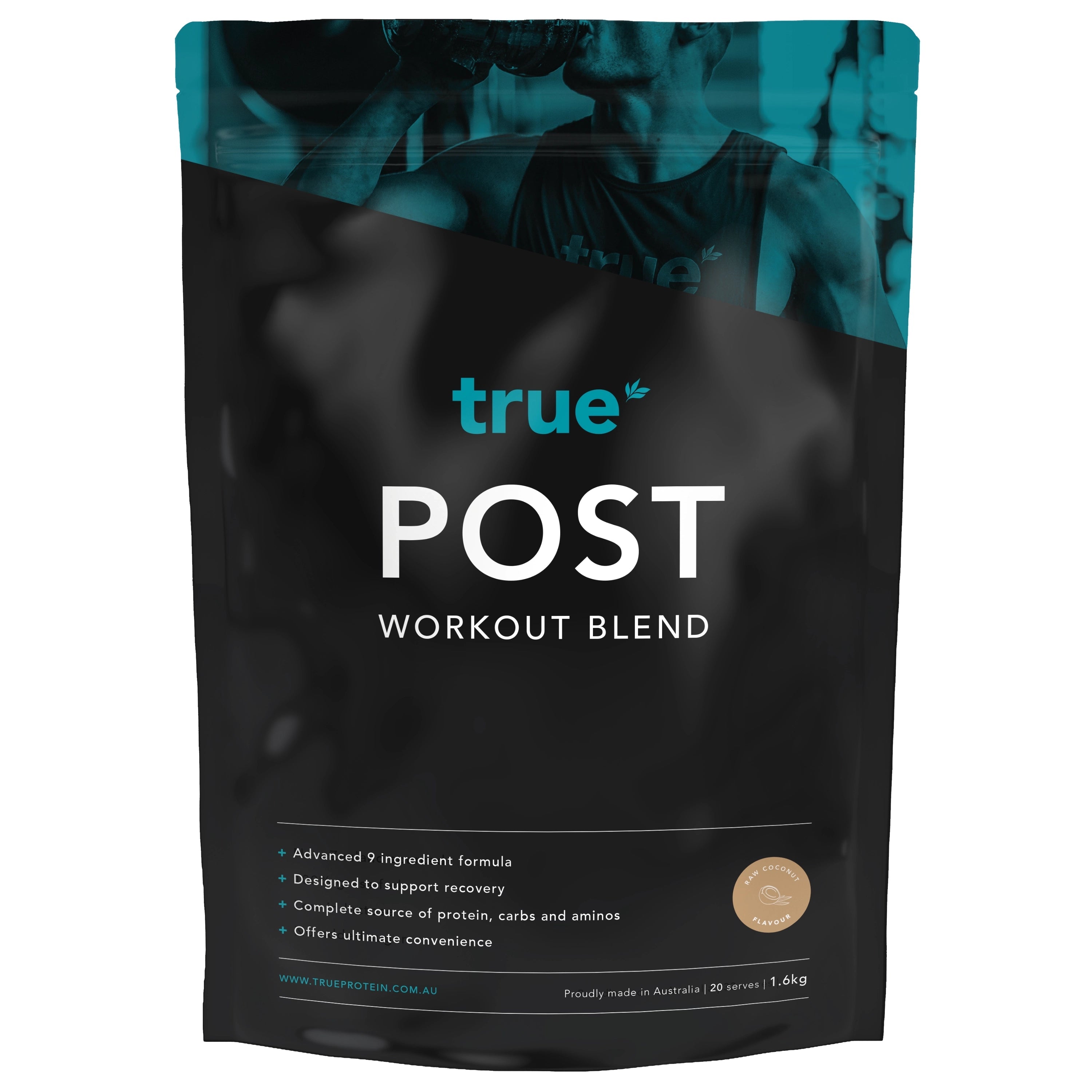 True Protein POST Workout Blend resealable black pouch, 1.6kg Raw Coconut flavour, recovery protein-carb-amino formula, made in Australia.