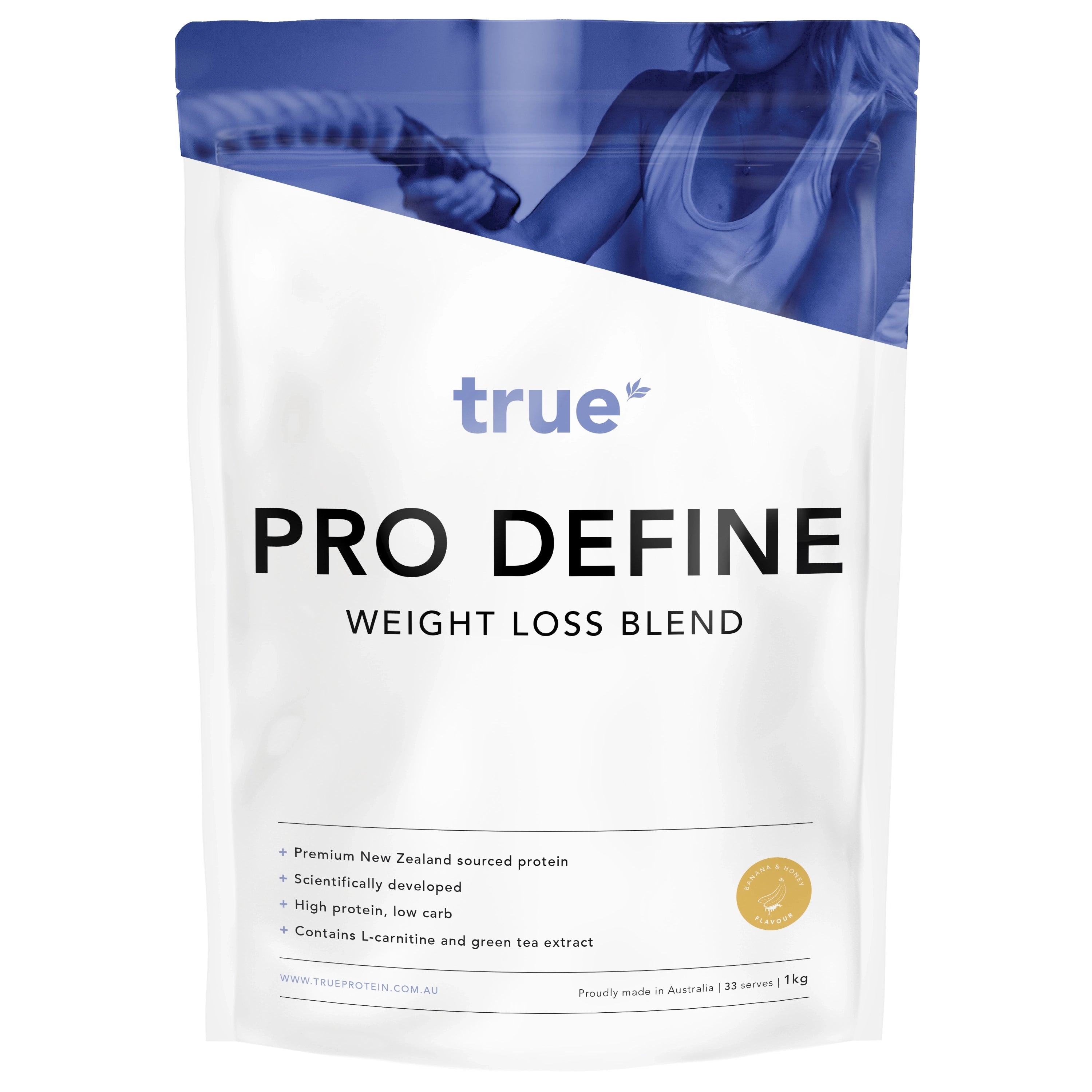 True Pro Define weight loss blend protein powder pouch 1kg – white resealable packshot, premium New Zealand sourced protein, high protein low carb formula, made in Australia (True brand)