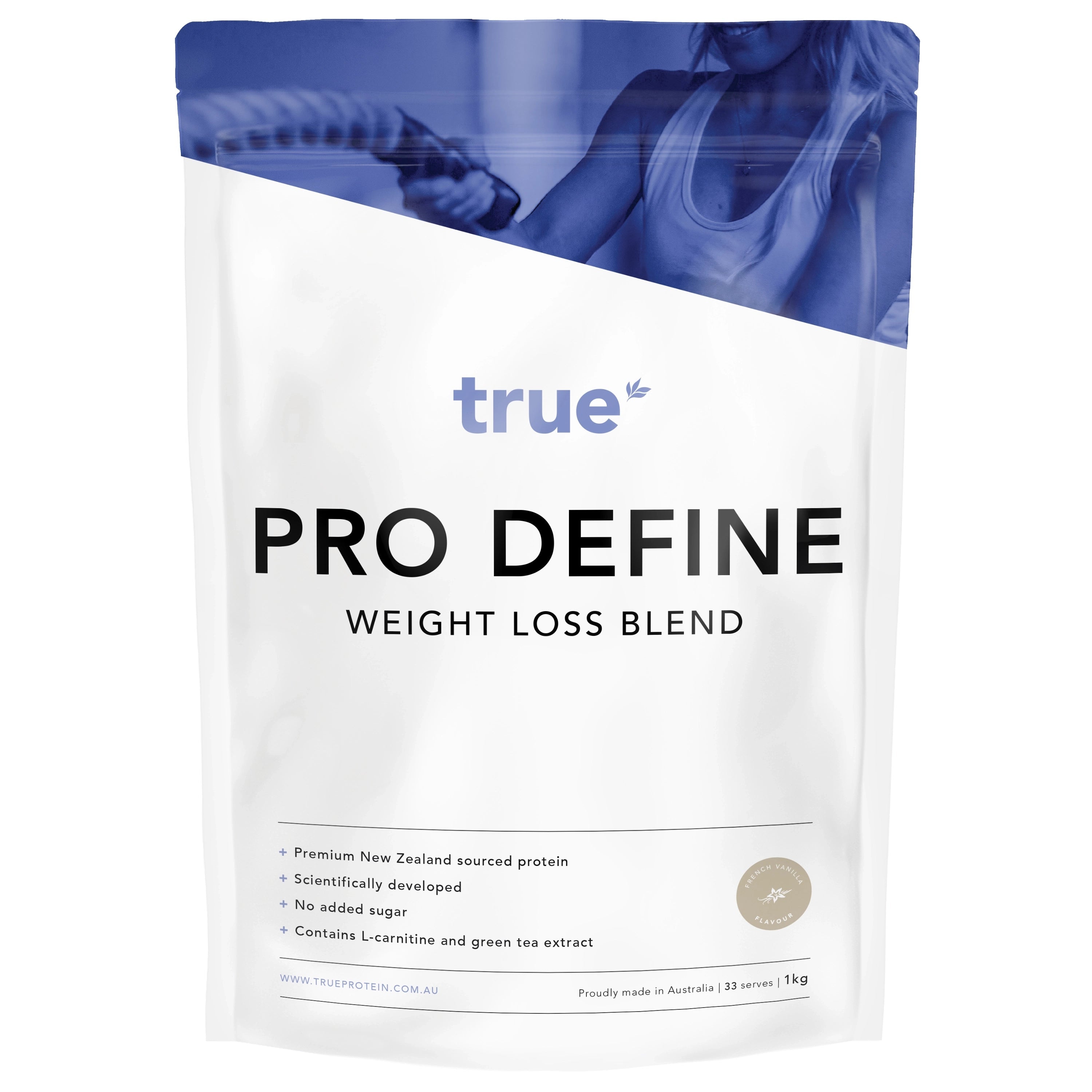 True Pro Define weight loss blend 1kg resealable pouch — white packaging with blue header, French vanilla flavour, premium New Zealand‑sourced protein, no added sugar, contains L‑carnitine &amp; green tea extract, proudly made in Australia.