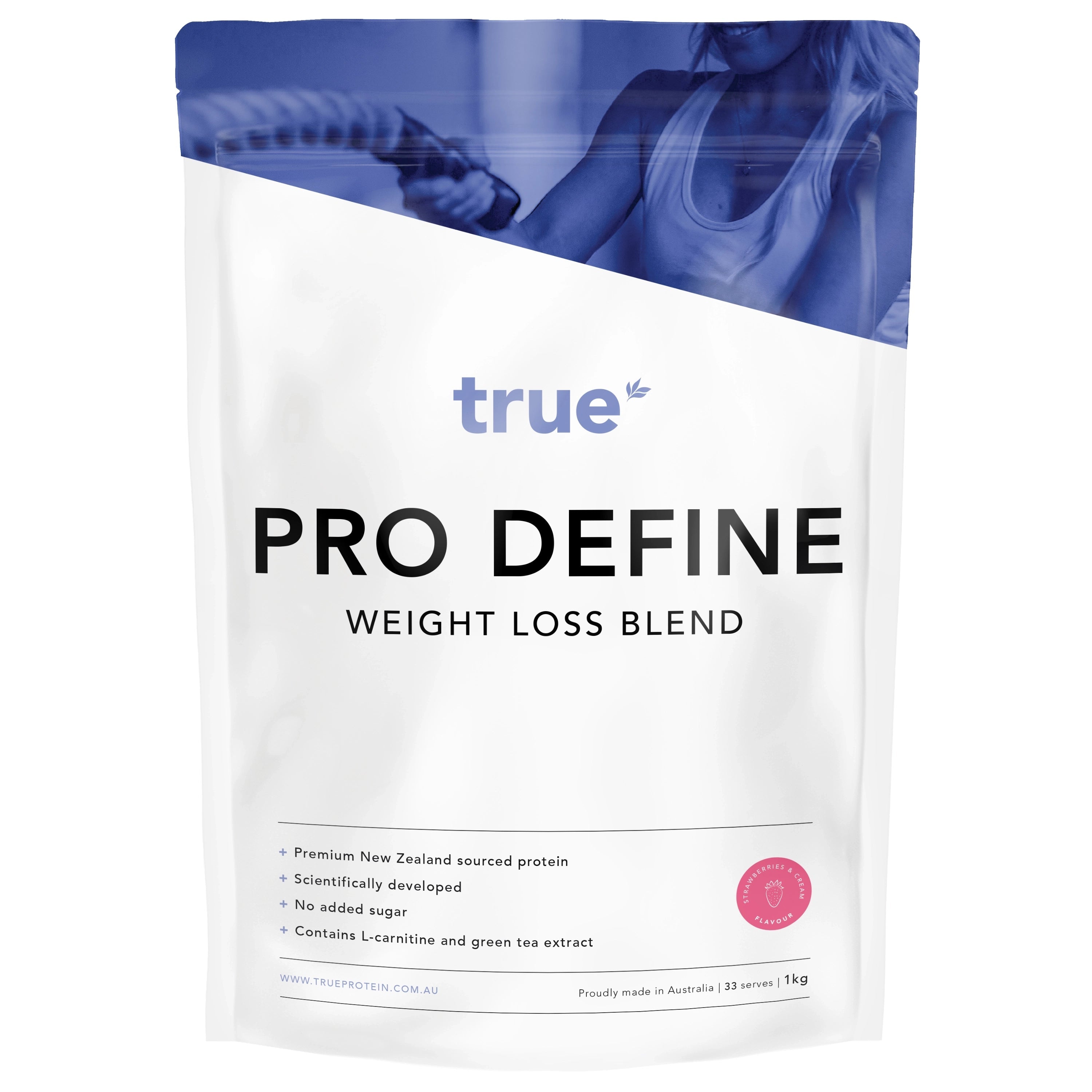 True Pro Define weight loss blend 1kg pouch — True protein powder, strawberry &amp; cream flavour, premium New Zealand–sourced protein, no added sugar, contains L‑carnitine and green tea extract, proudly made in Australia