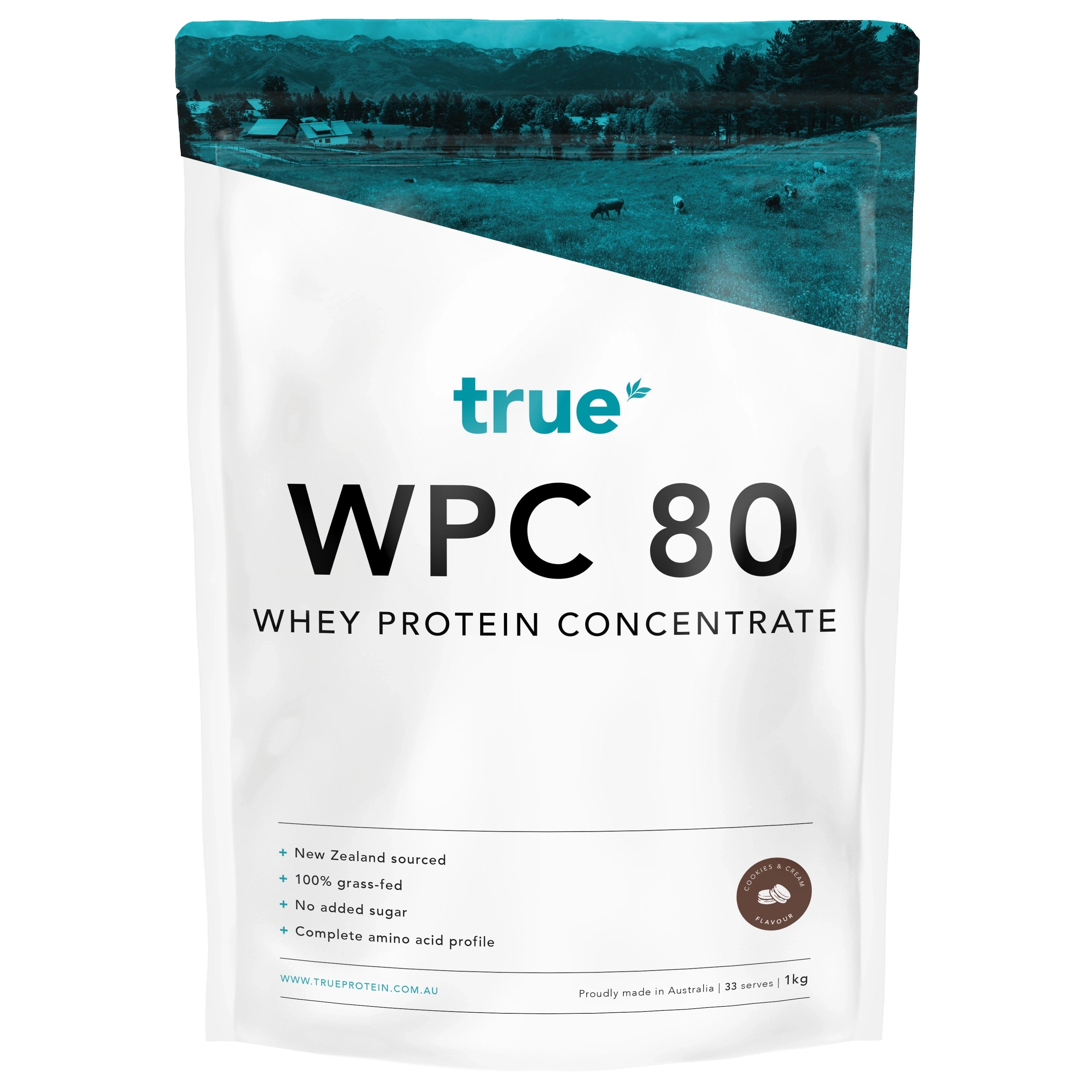 True WPC 80 whey protein concentrate 1kg white resealable pouch, True brand Cookies & Cream flavour, 100% grass-fed New Zealand sourced whey, no added sugar, made in Australia — product packaging front view