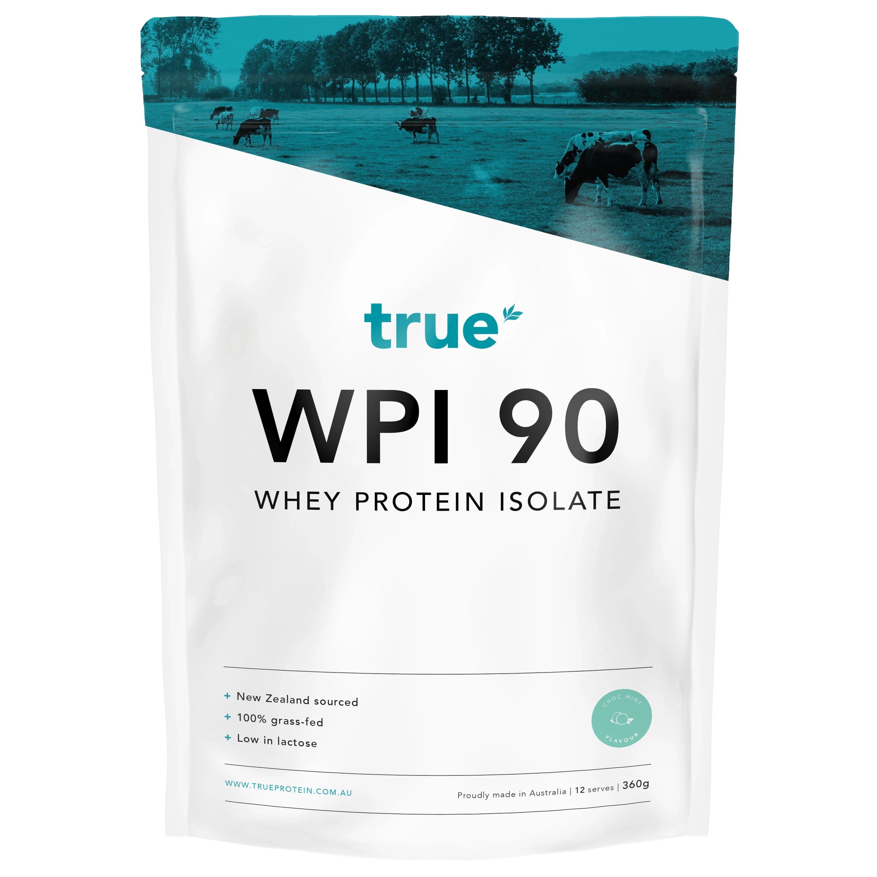 True WPI 90 whey protein isolate 360g white resealable pouch — True brand, 100% grass‑fed New Zealand sourced whey, low lactose, made in Australia, front packaging with cows image