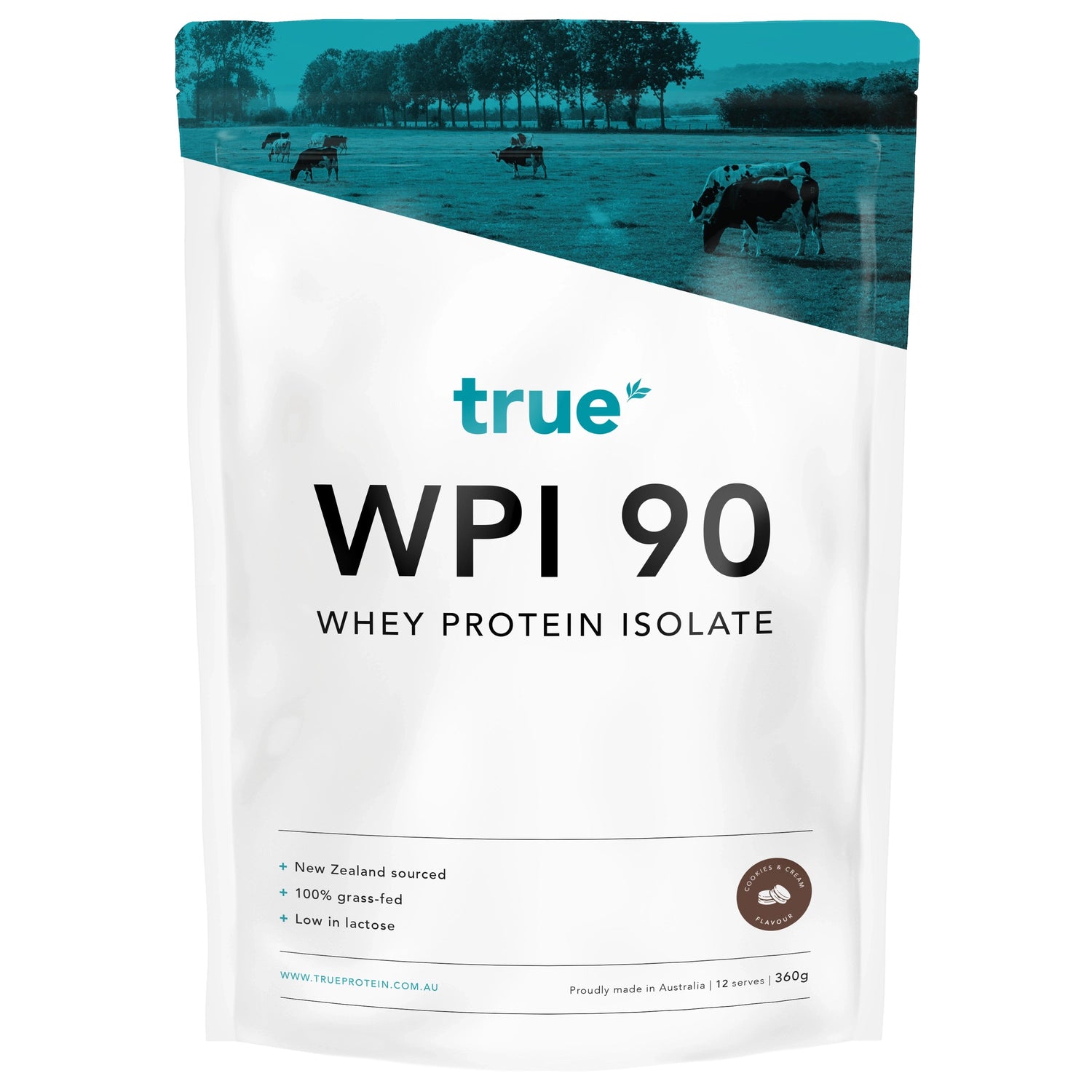 True WPI 90 whey protein isolate pouch 360g – True brand cookies &amp; cream flavour, New Zealand-sourced 100% grass-fed whey, low lactose, proudly made in Australia (sports nutrition protein powder)