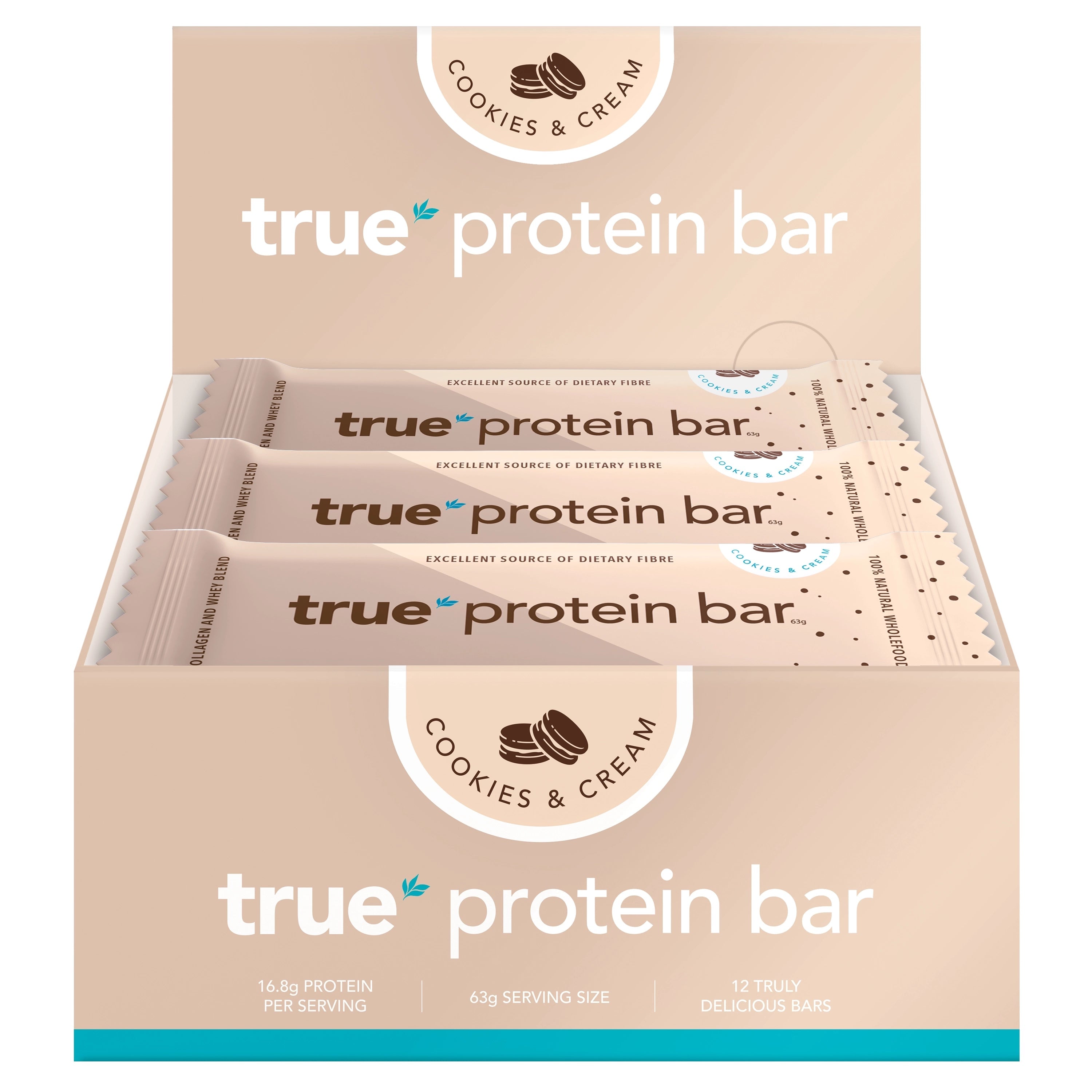 True Protein Bar cookies &amp; cream display box with 12 individually wrapped 63g bars, beige retail box showing "true protein bar", "16.8g protein per serving" — pack of 12 high-protein snack bars, cookies &amp; cream flavor.