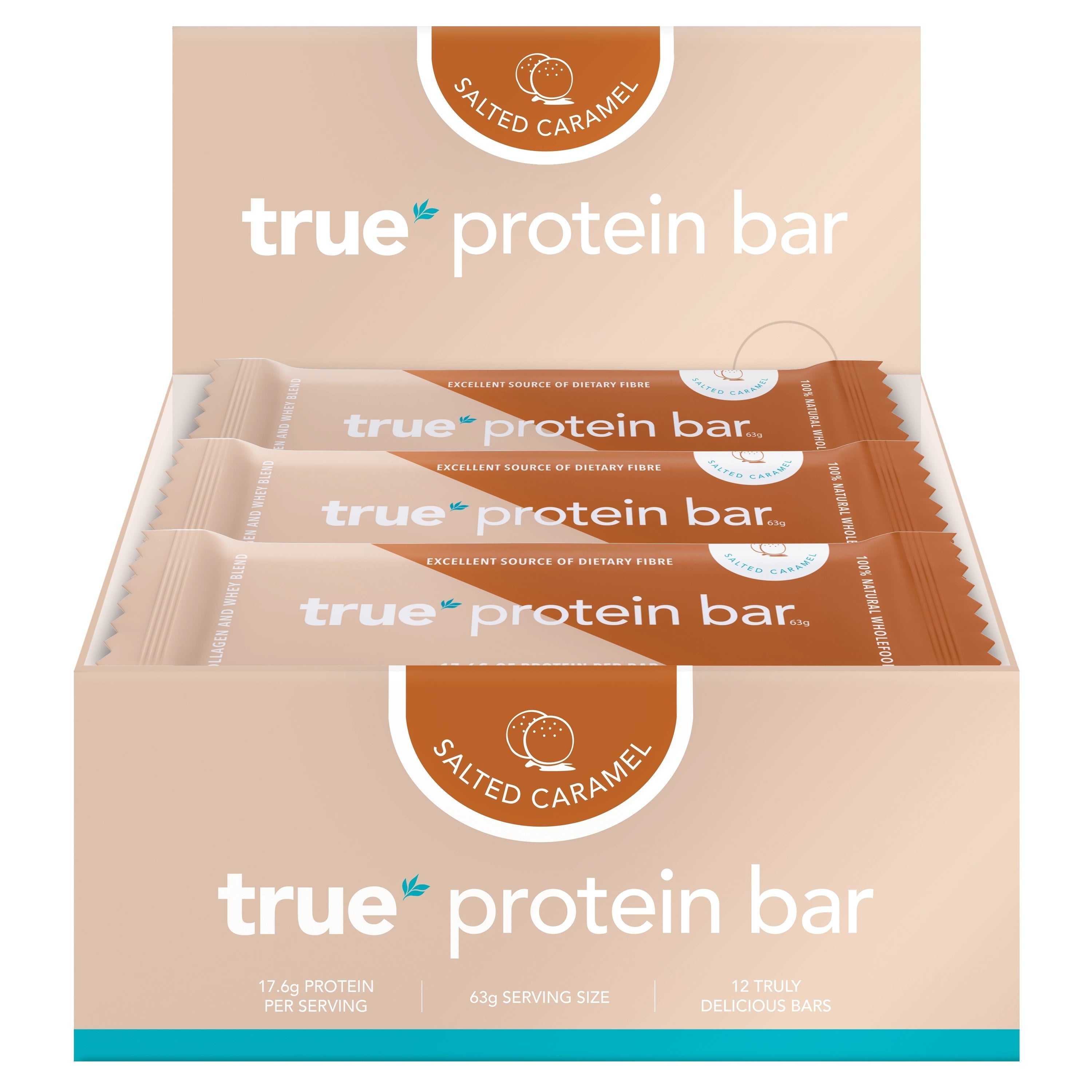 Box of 12 True Protein Bar salted caramel flavor, beige retail display showing individually wrapped 63g bars, 17.6g protein per serving — protein snack bars for fitness and recovery.