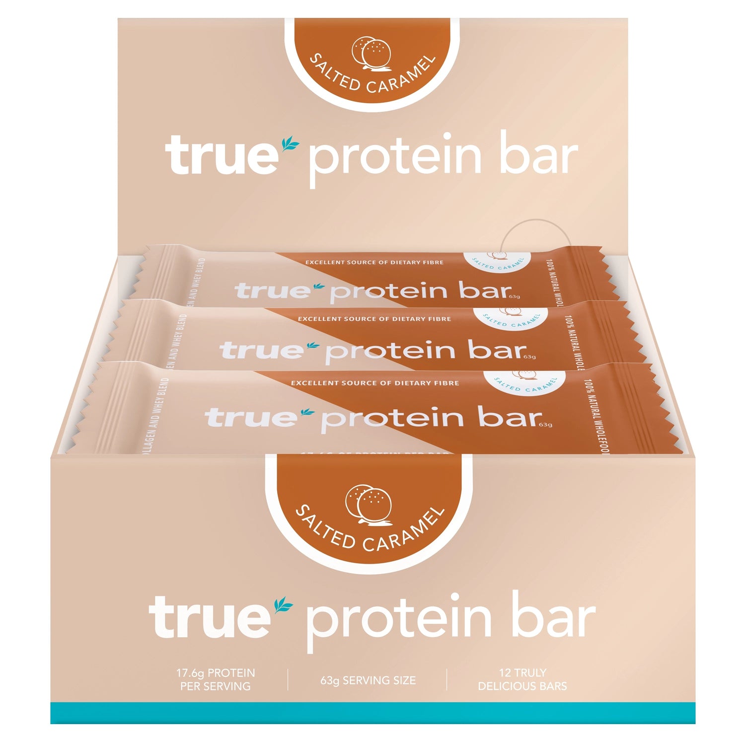 Box of 12 True Protein Bar salted caramel flavor, beige retail display showing individually wrapped 63g bars, 17.6g protein per serving — protein snack bars for fitness and recovery.