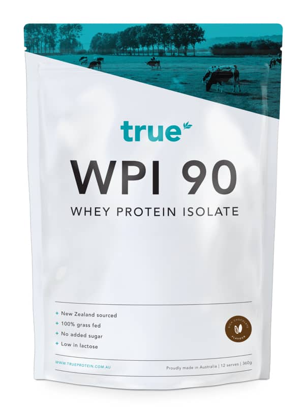 True WPI 90 whey protein isolate rich chocolate 360g pouch – True brand white resealable bag, New Zealand sourced grass‑fed whey, low lactose, no added sugar, proudly made in Australia.