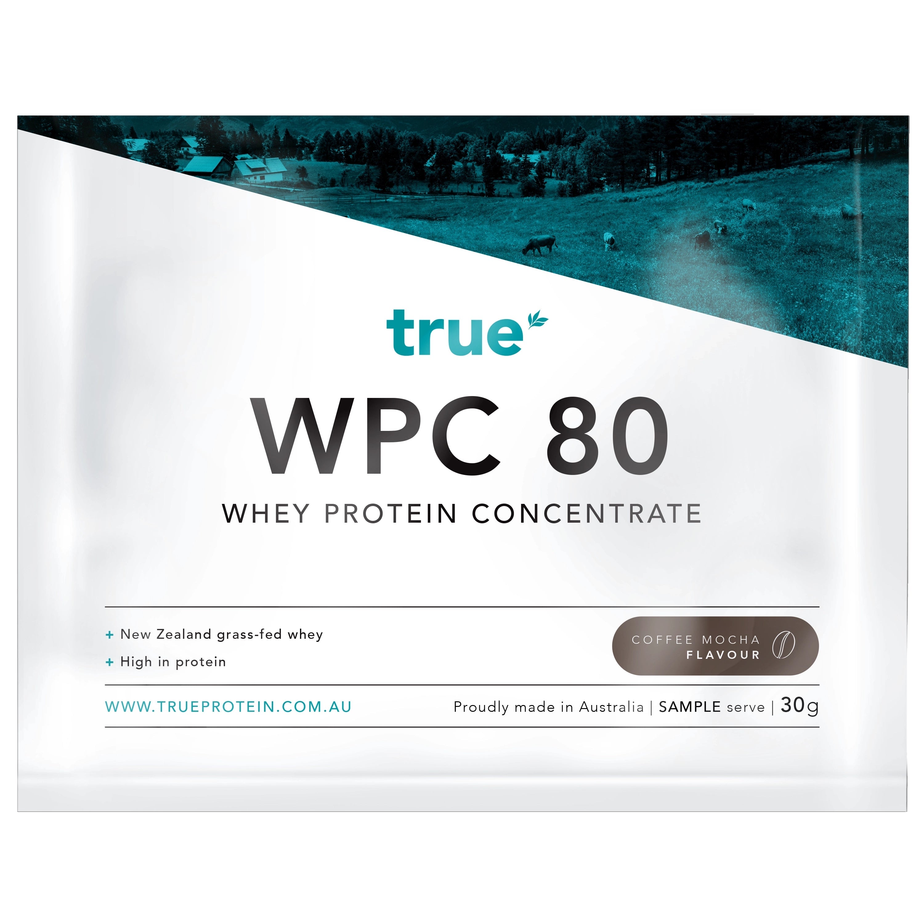 True WPC 80 whey protein concentrate sample sachet – Coffee Mocha flavour, 30g, New Zealand grass‑fed whey, high protein, True Protein pouch proudly made in Australia, trueprotein.com.au