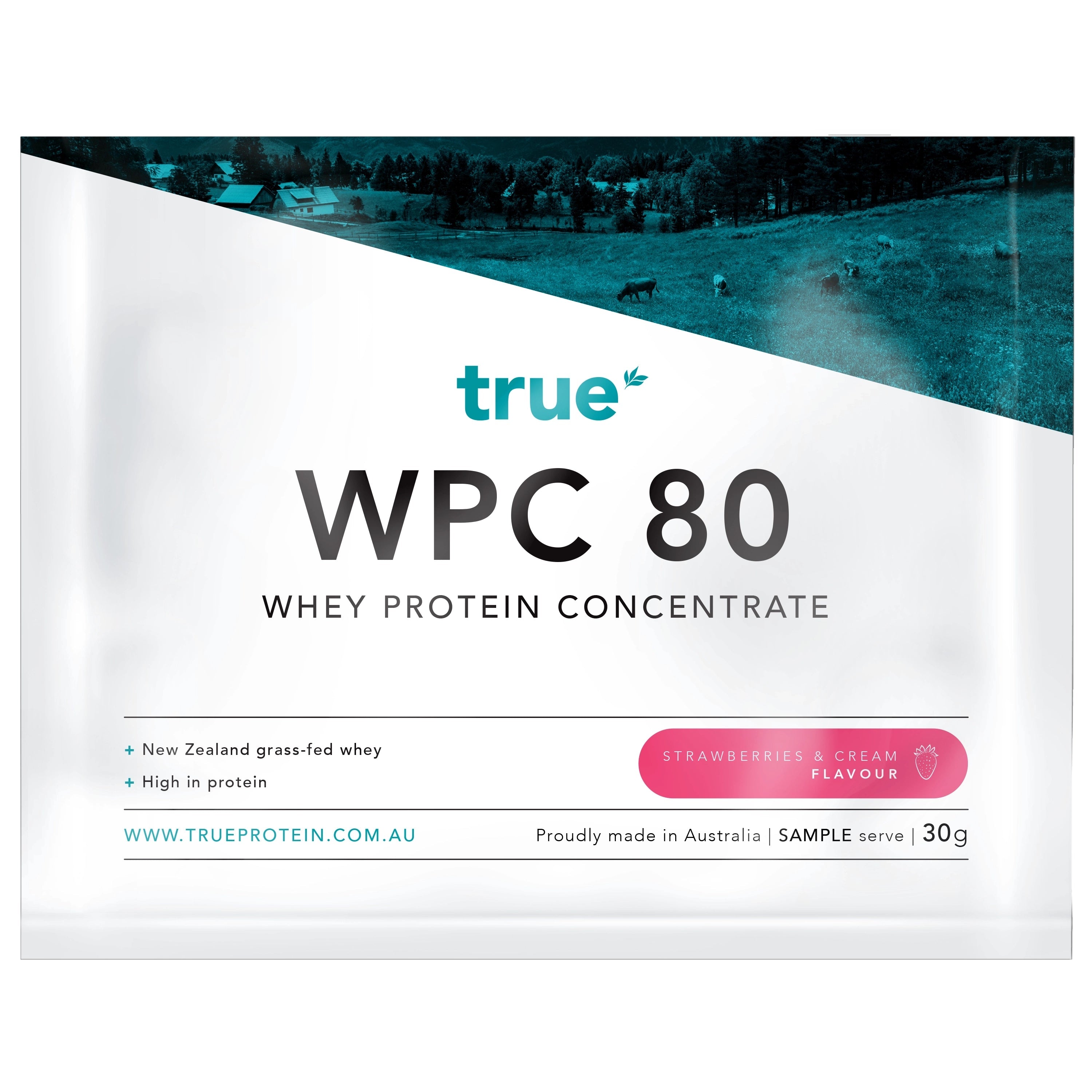 True Protein WPC 80 whey protein concentrate sample sachet, strawberries & cream flavour, 30g, New Zealand grass-fed whey, proudly made in Australia.