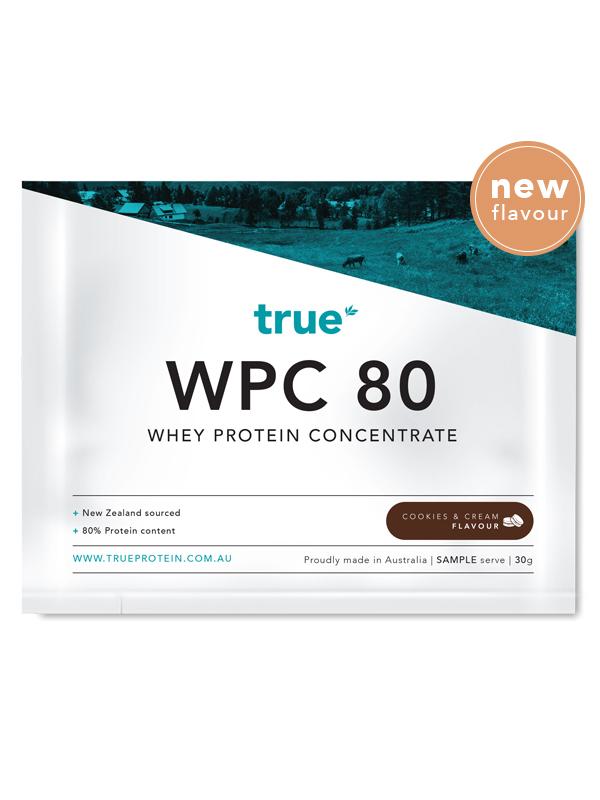 True WPC 80 whey protein concentrate sample sachet - True Protein cookies & cream flavour, 30g, New Zealand sourced whey, proudly made in Australia.