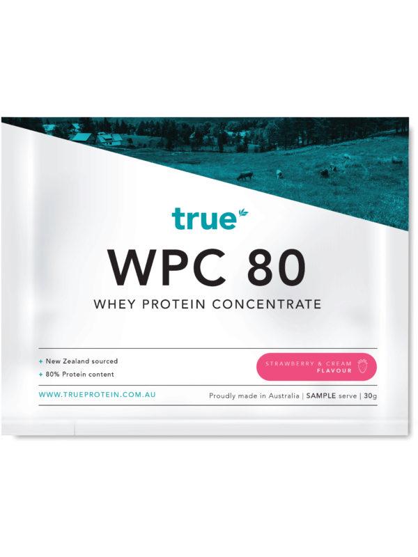 True WPC 80 whey protein concentrate sample sachet, True Nutrition branding, strawberry &amp; cream flavour, 30g, New Zealand sourced milk, proudly made in Australia.
