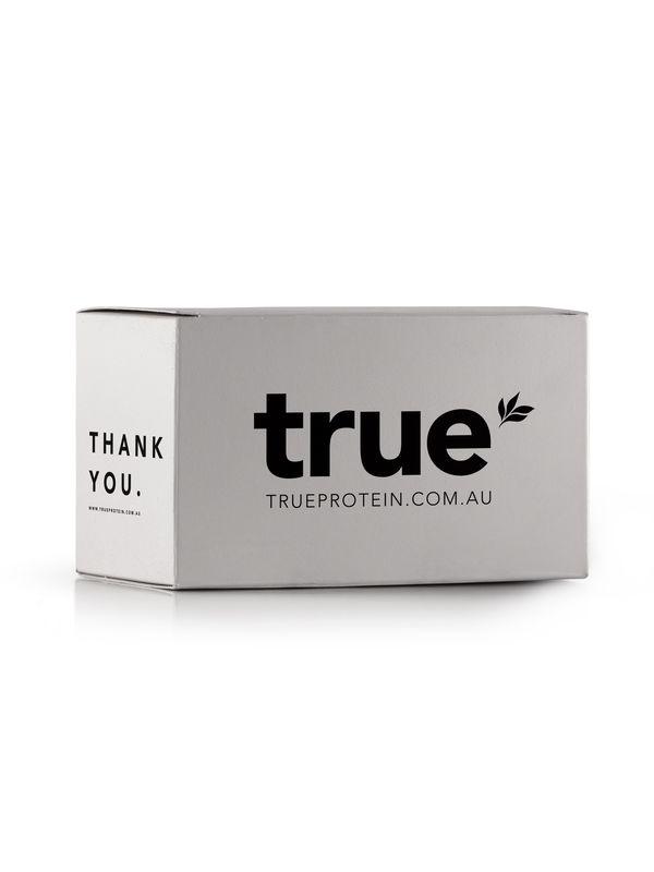 White True Protein shipping box with black "true" logo, trueprotein.com.au URL and "Thank you." text — Australian nutrition brand packaging