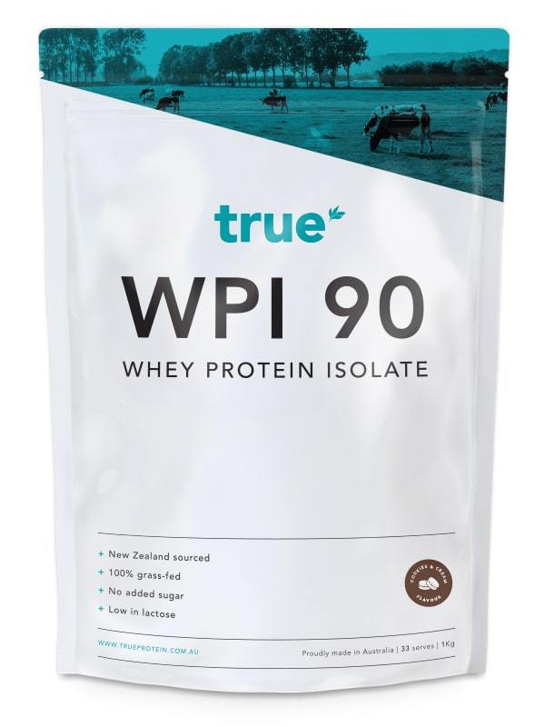 True WPI 90 whey protein isolate 1kg resealable white pouch — grass-fed New Zealand-sourced whey, low lactose, no added sugar, made in Australia, premium protein powder packaging.