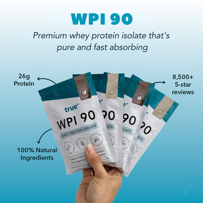 Hand holding four True WPI 90 whey protein isolate sample sachets on blue background — 26g protein, 100% natural ingredients, fast-absorbing premium whey, 8,500+ 5‑star reviews, Australian brand.