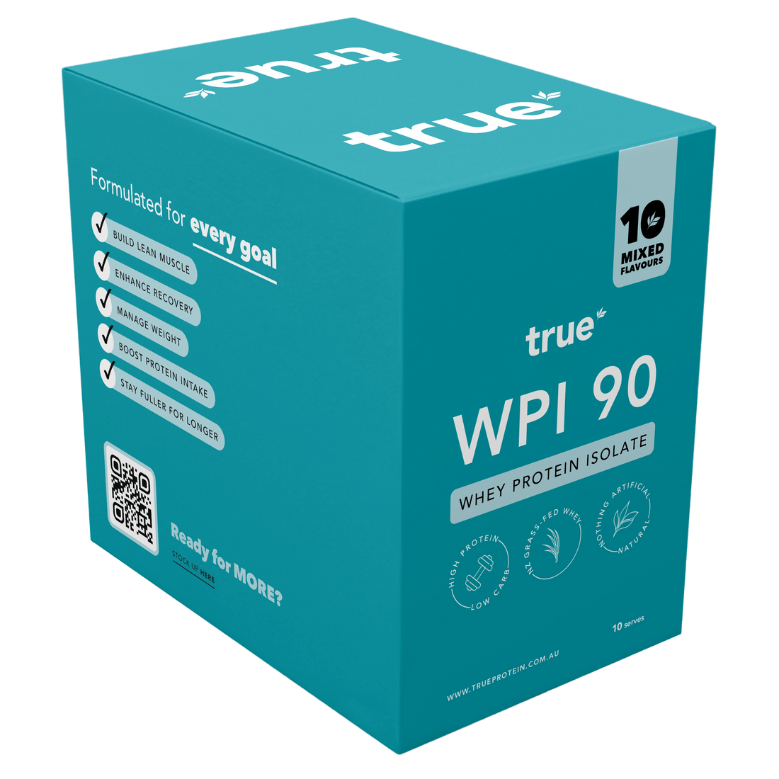 True WPI 90 whey protein isolate box by True Protein – teal 10‑serve carton, 10 mixed flavours, high‑protein low‑carb supplement, Australian sports nutrition packaging (www.trueprotein.com.au)