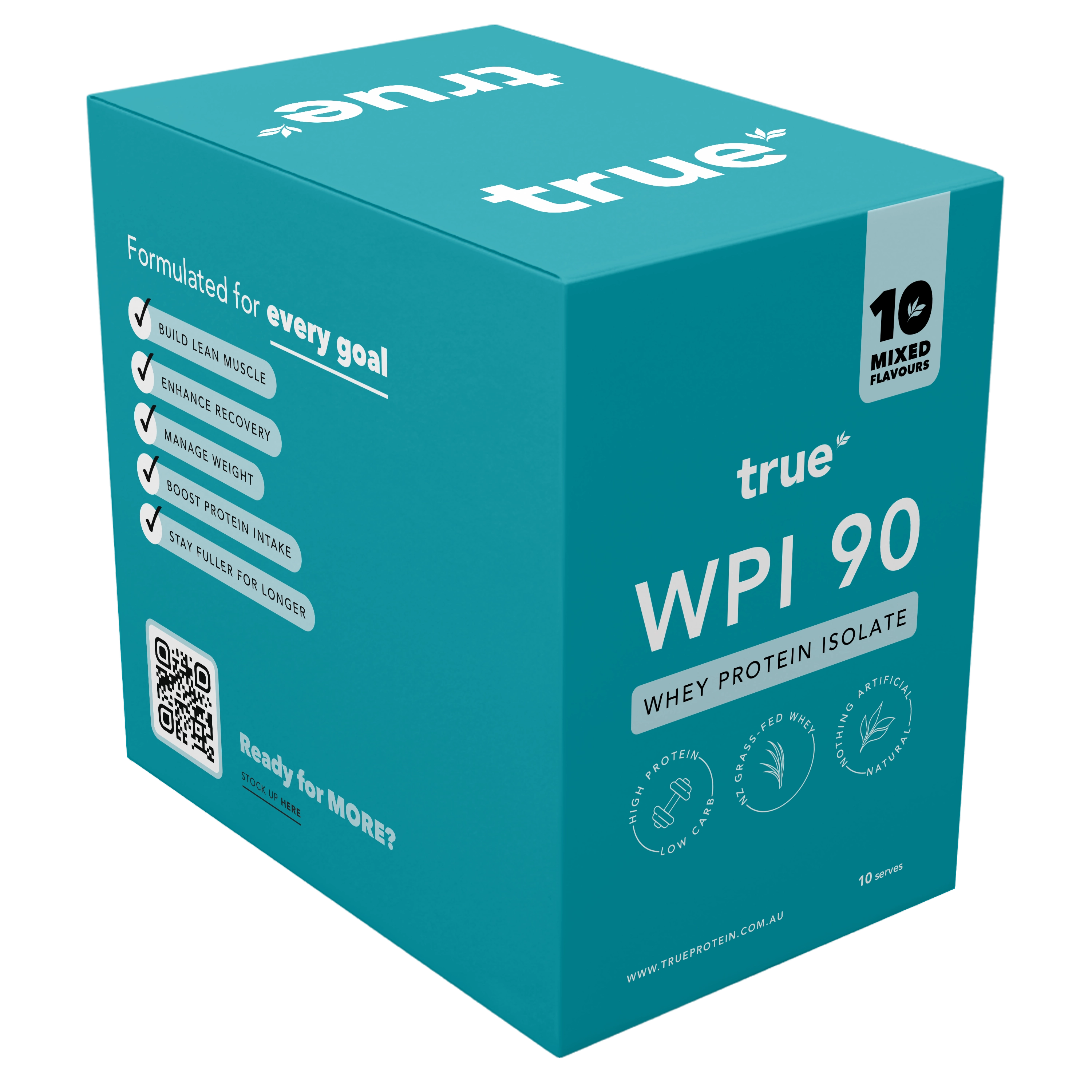 True WPI 90 whey protein isolate box by True Protein – teal 10‑serve carton, 10 mixed flavours, high‑protein low‑carb supplement, Australian sports nutrition packaging (www.trueprotein.com.au)