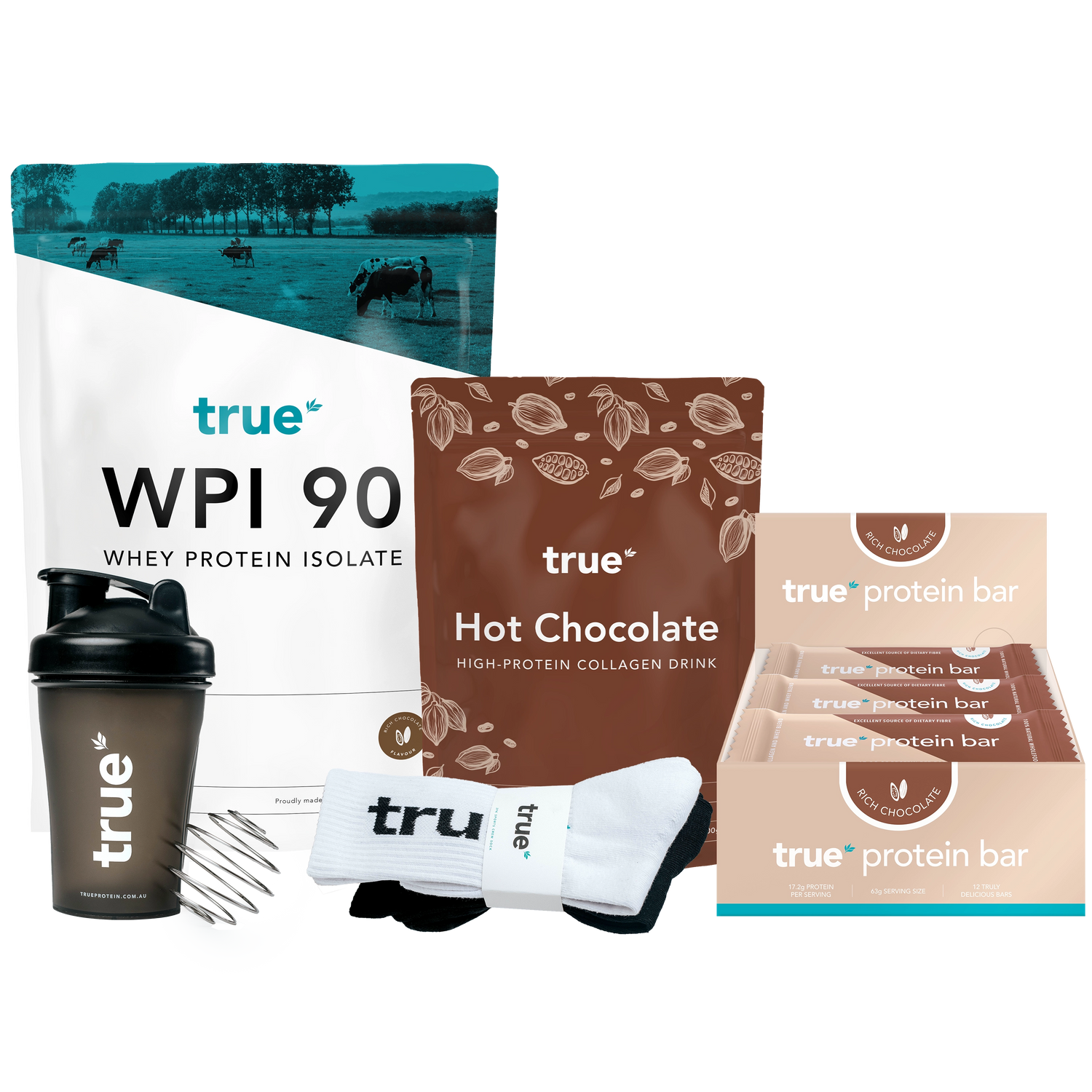 True Nutrition starter bundle: WPI 90 whey protein isolate pouch, hot chocolate high‑protein collagen drink sachet, box of True protein bars (rich chocolate), black True shaker bottle with whisk, and branded white socks — Australian protein supplement gift bundle.