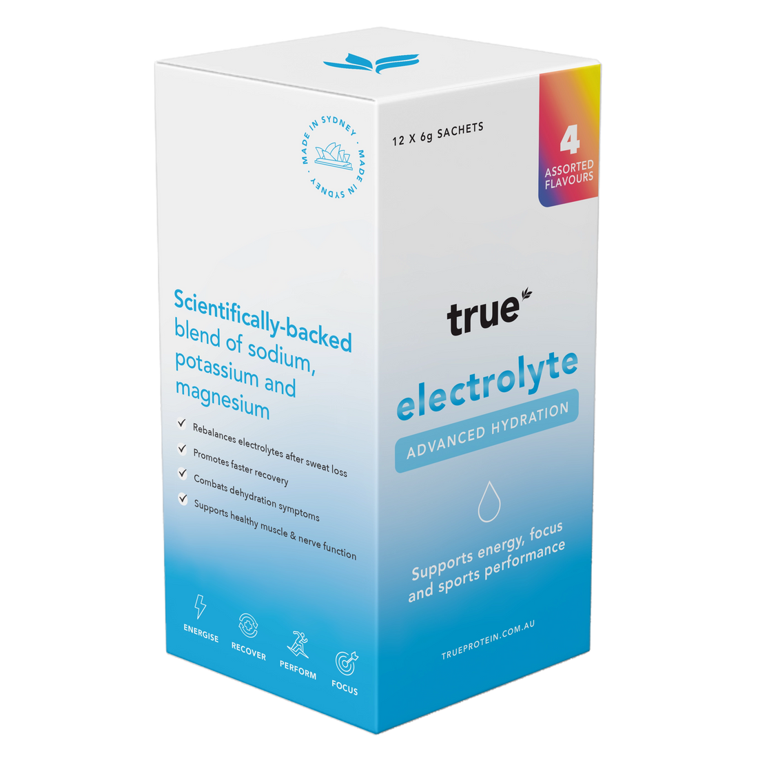 True electrolyte advanced hydration box (True Protein) — 12 x 6g assorted-flavour sachets, scientifically-backed sodium‑potassium‑magnesium blend for sports hydration, recovery and muscle function, made in Sydney, Australia