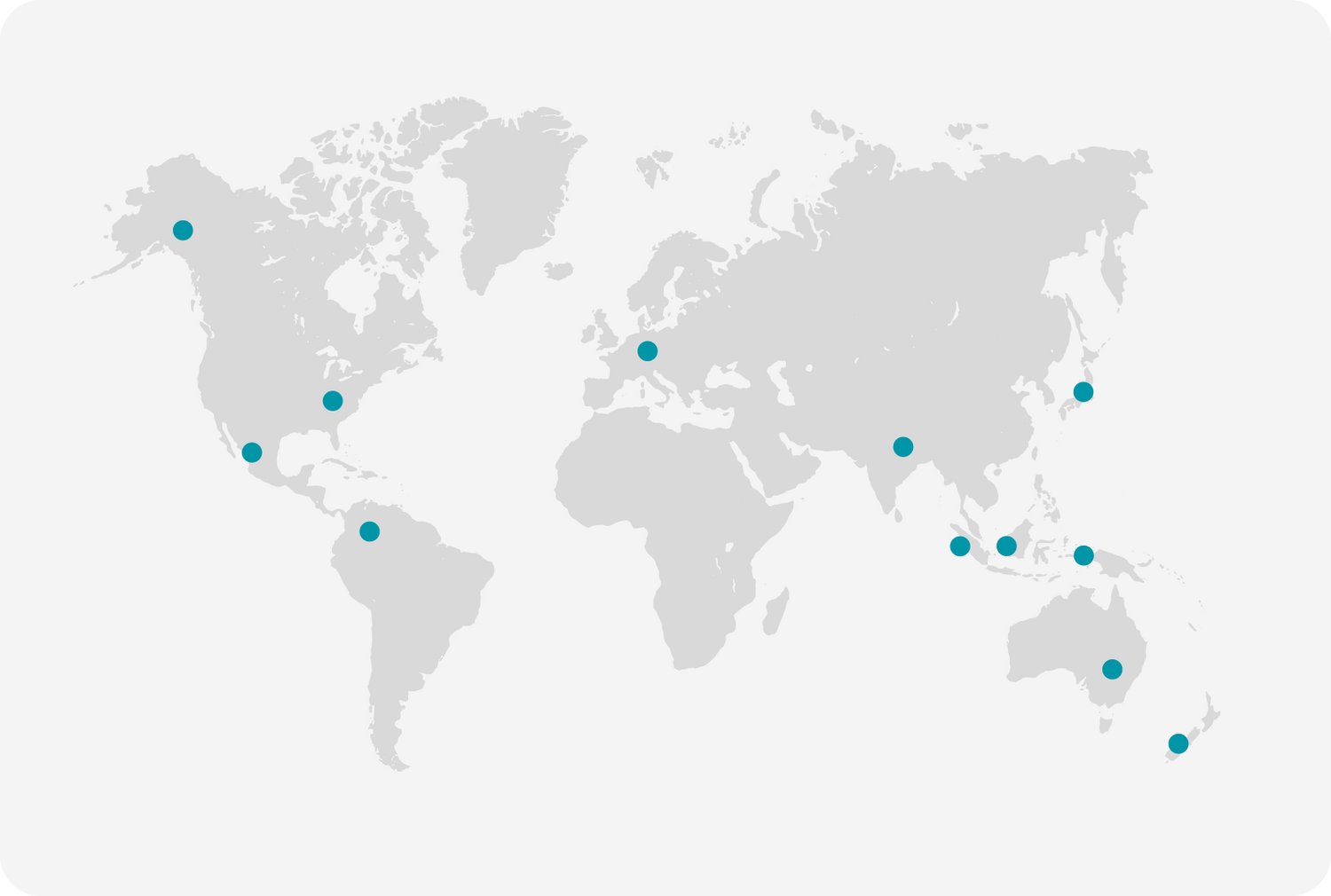 World map with teal location markers indicating company sourcing locations across Anchorage (Alaska, USA), Chicago (USA), Mexico, Bogotá (Colombia), Frankfurt (Germany), Mumbai (India), Tokyo (Japan), Jakarta and Singapore (Southeast Asia), Sydney (Australia) and Auckland (New Zealand).
