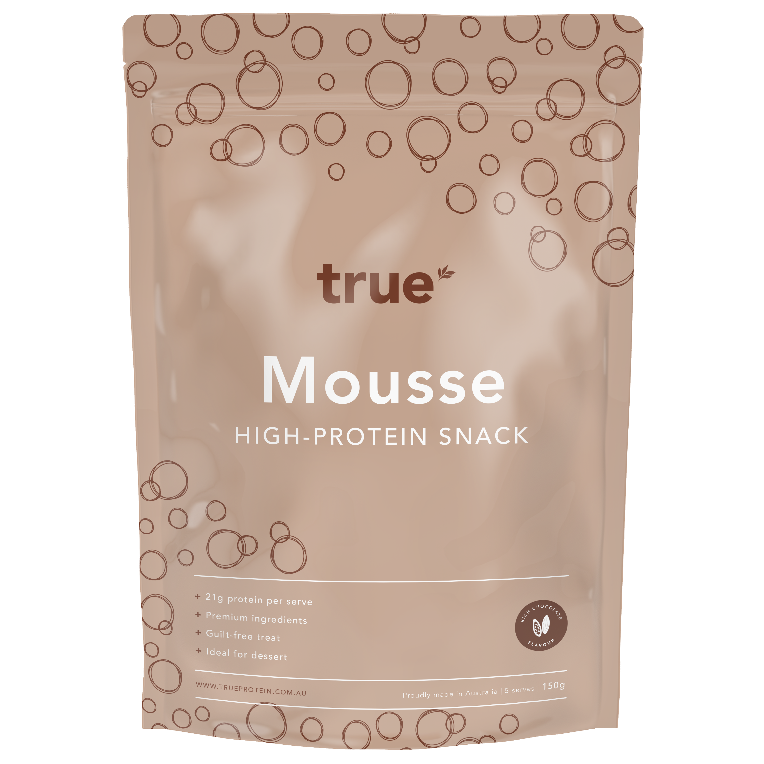 True Mousse high-protein snack pouch, rich chocolate flavour, 150g resealable pack by True Protein — premium high-protein dessert made in Australia.