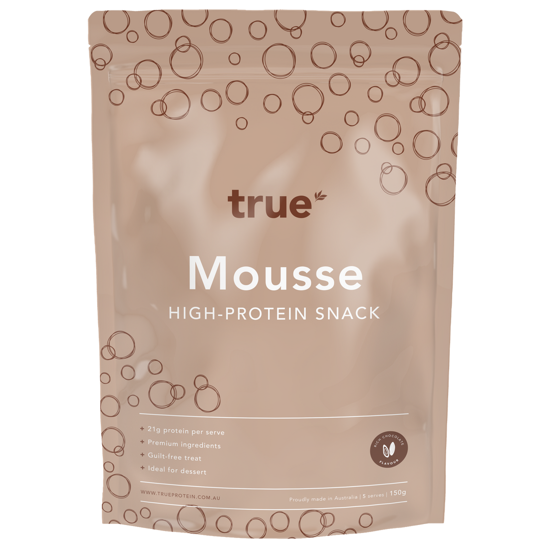 True Mousse high-protein snack pouch, rich chocolate flavour, 150g resealable pack by True Protein — premium high-protein dessert made in Australia.