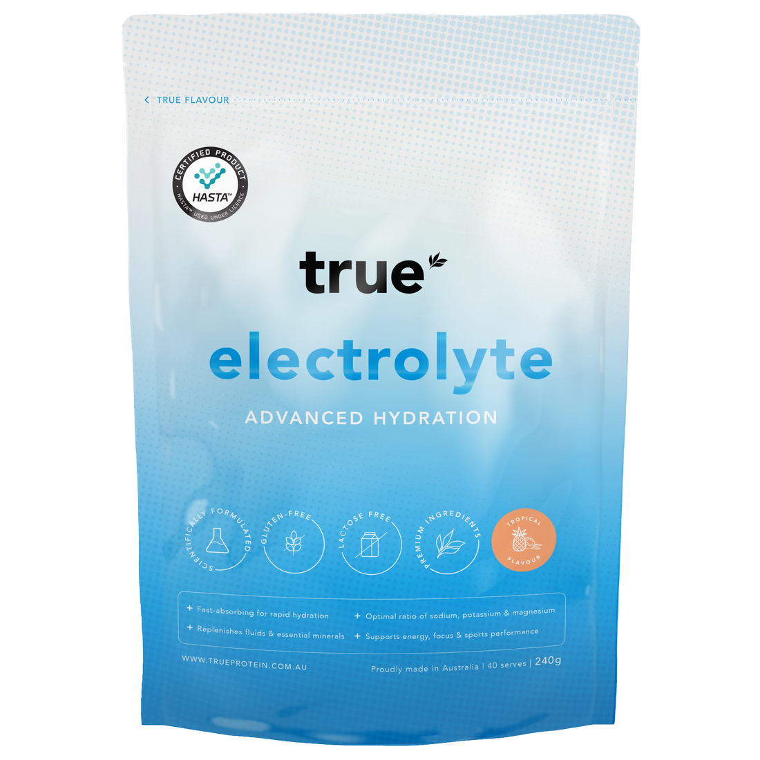True Electrolyte advanced hydration powder pouch, Tropical flavour 240g – True Protein electrolyte drink mix for rapid hydration and sports recovery, proudly made in Australia.