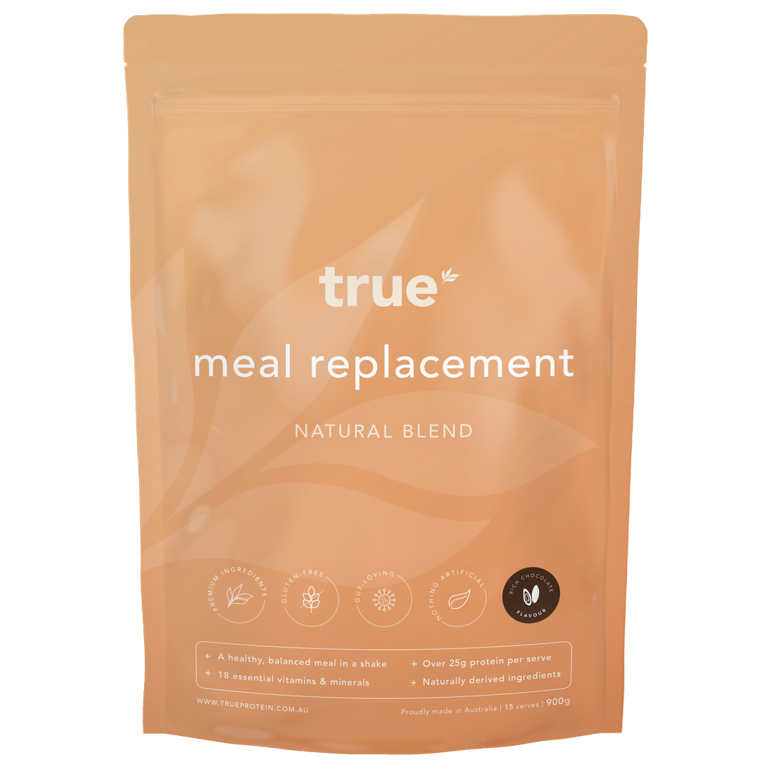 True meal replacement natural blend pouch by True Protein — 900g resealable orange pouch, rich chocolate flavour, over 25g protein per serve, 18 vitamins &amp; minerals, gluten-free, naturally derived ingredients, proudly made in Australia.