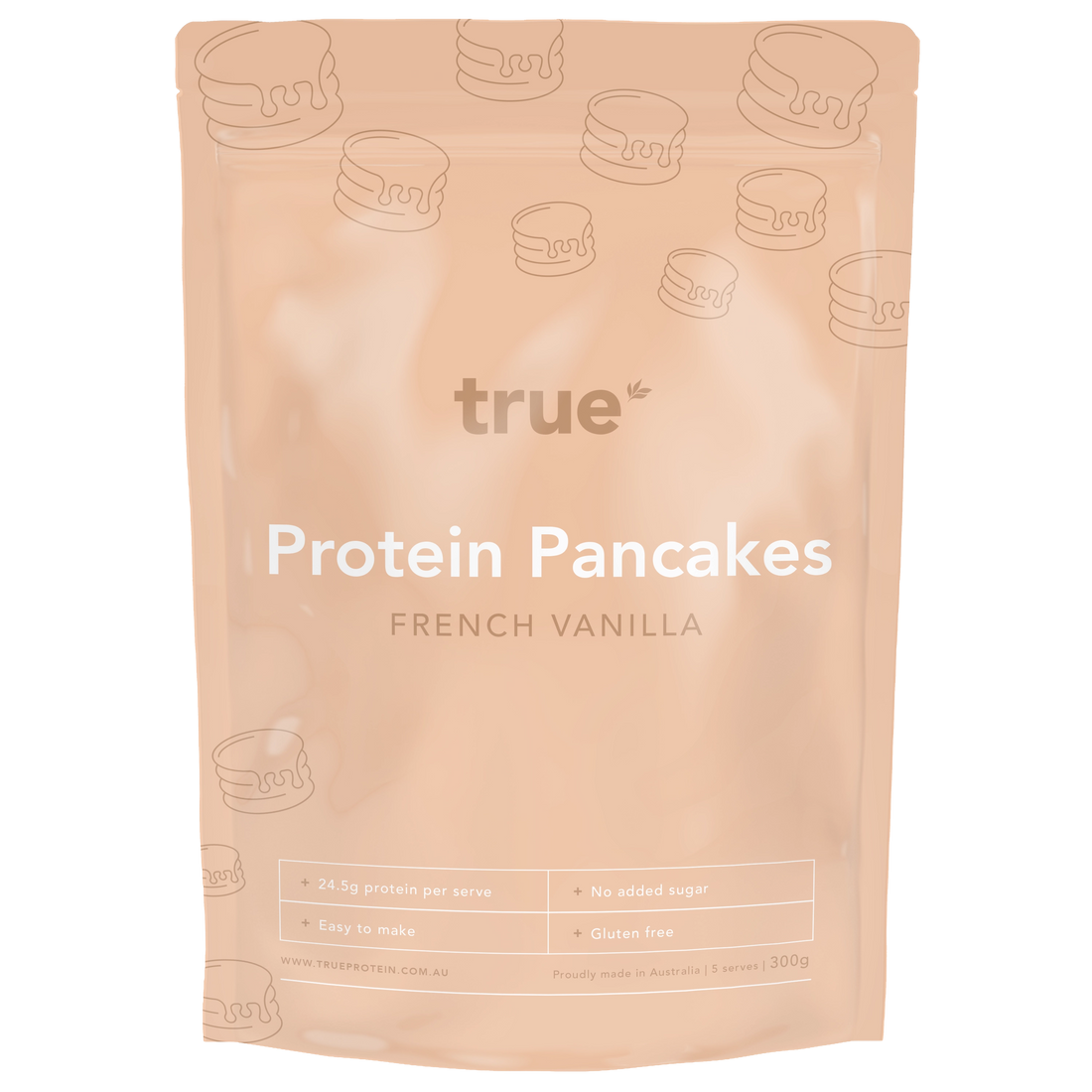 True Protein Protein Pancakes French Vanilla 300g resealable pouch, pale peach packaging with pancake icons — gluten free, no added sugar, 24.5g protein per serve, made in Australia.
