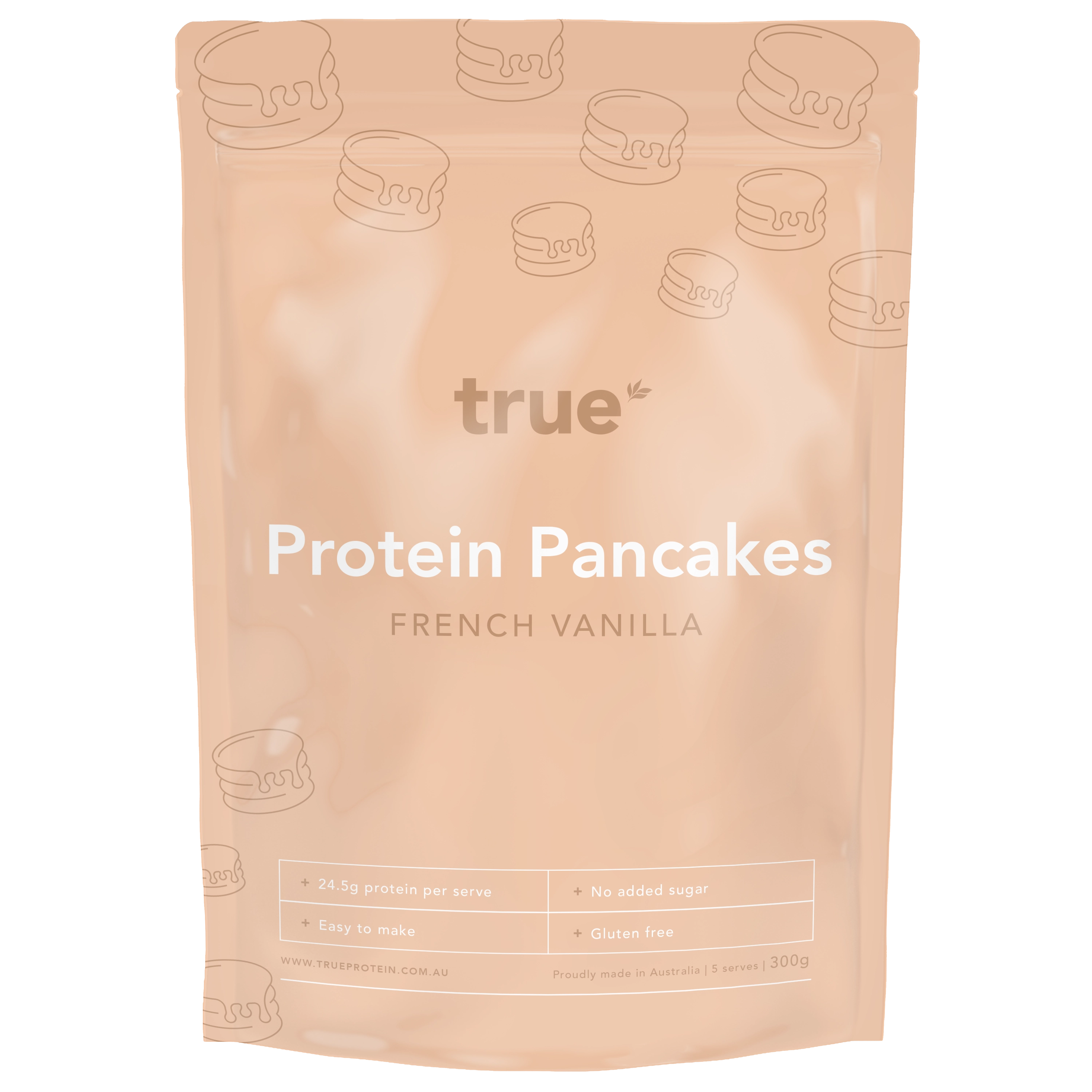 True Protein Protein Pancakes French Vanilla 300g resealable pouch, pale peach packaging with pancake icons — gluten free, no added sugar, 24.5g protein per serve, made in Australia.