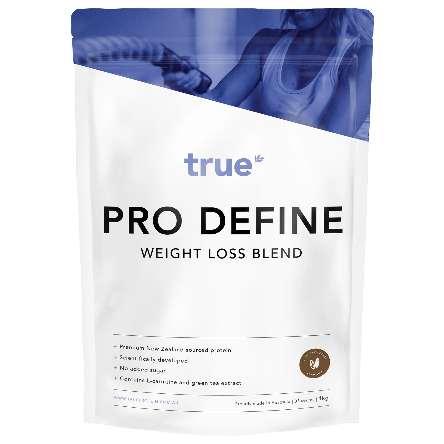 True Pro Define weight loss blend 1kg resealable pouch — white and blue front product packaging, True brand protein powder, premium New Zealand sourced protein, rich chocolate flavour, Australian-made (33 serves)