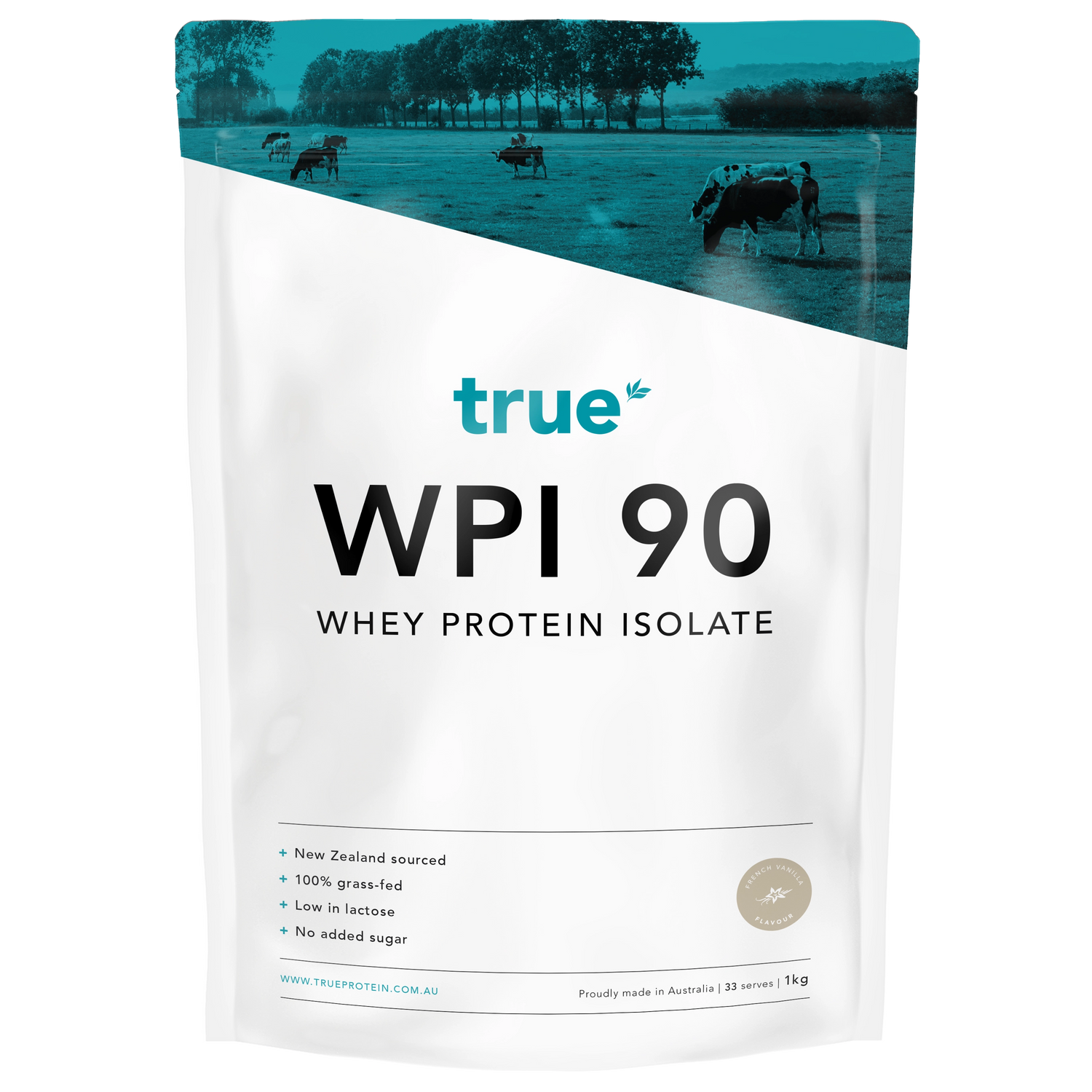 True WPI 90 whey protein isolate 1kg pouch by True Protein — New Zealand‑sourced, 100% grass‑fed, low‑lactose, no added sugar, French vanilla flavour, Australian brand (product shot on white background).