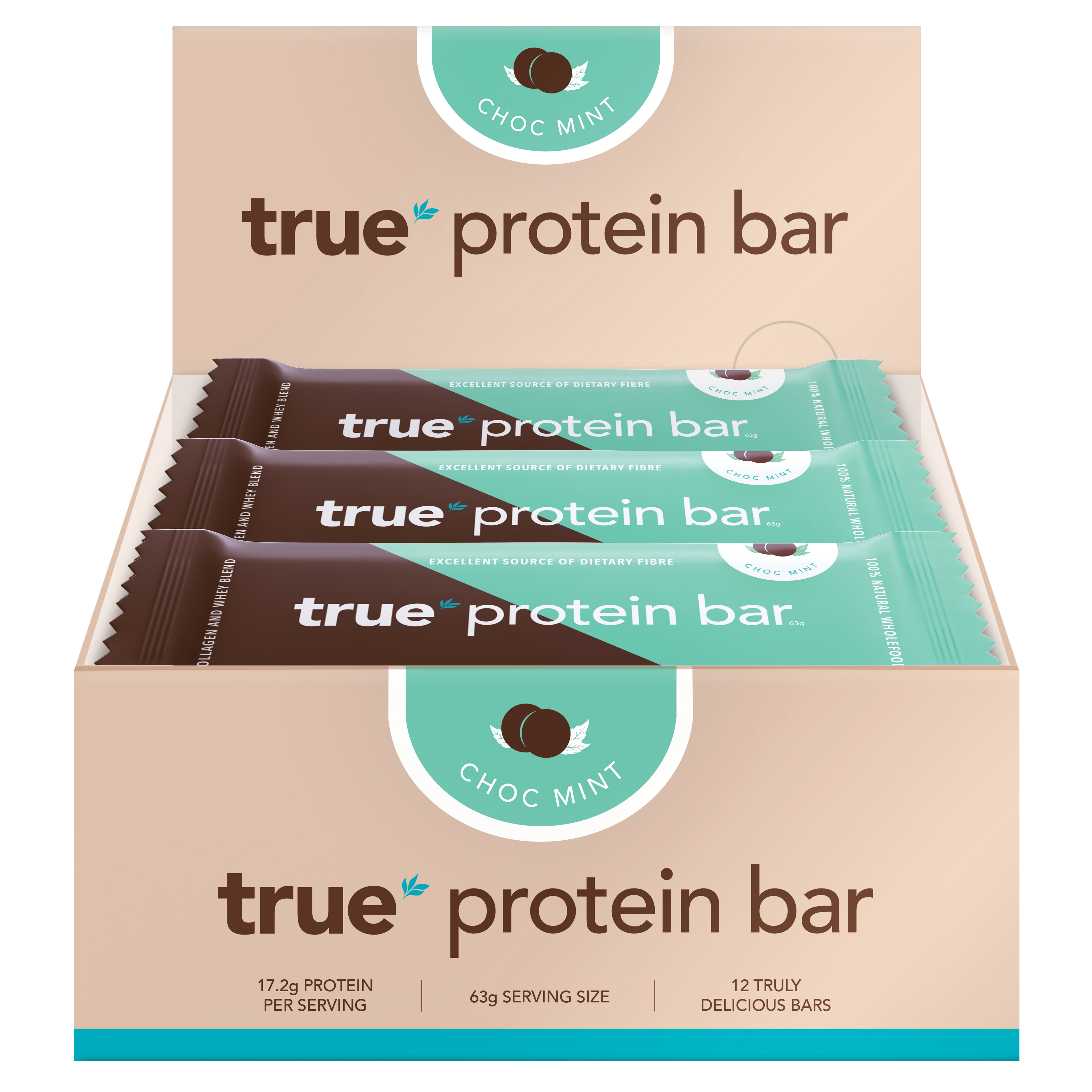 Box of True Protein Bar choc mint flavor, display pack with three mint-green and brown individually wrapped bars visible, 63g serving, 17.2g protein per serving, 12-bar retail box.