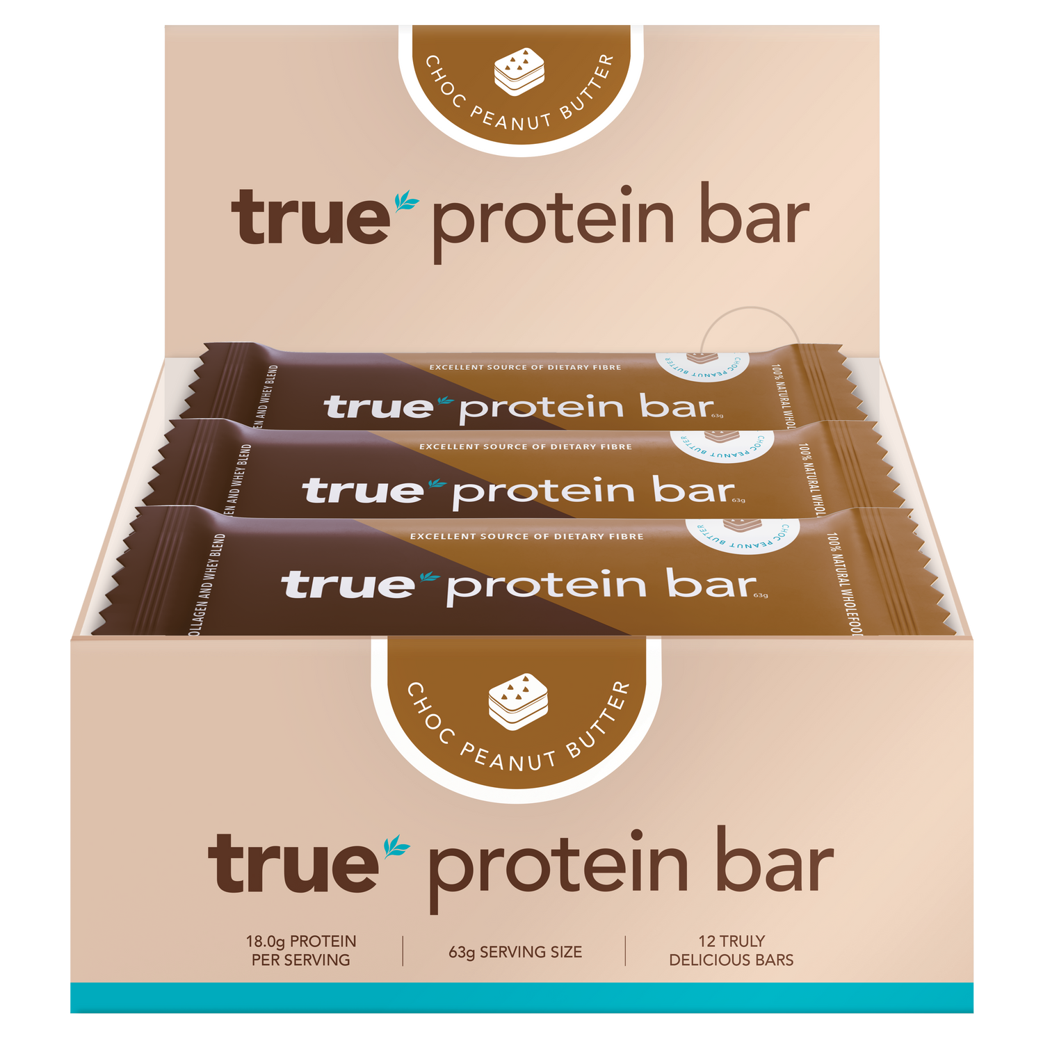 Box of 12 True Protein Bar – Choc Peanut Butter flavor, brown display box with three individually wrapped bars visible, 63g serving size, 18.0g protein per serving, front-facing retail packaging.