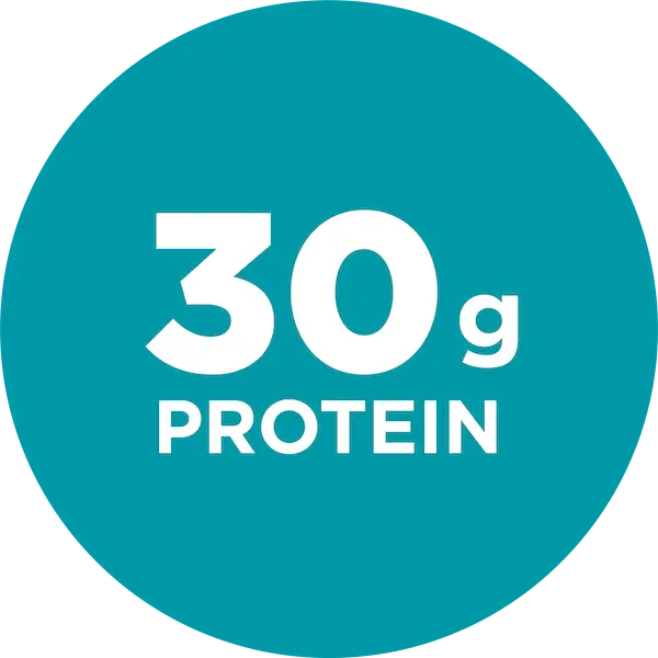 Teal circle with '30g PROTEIN' text in white