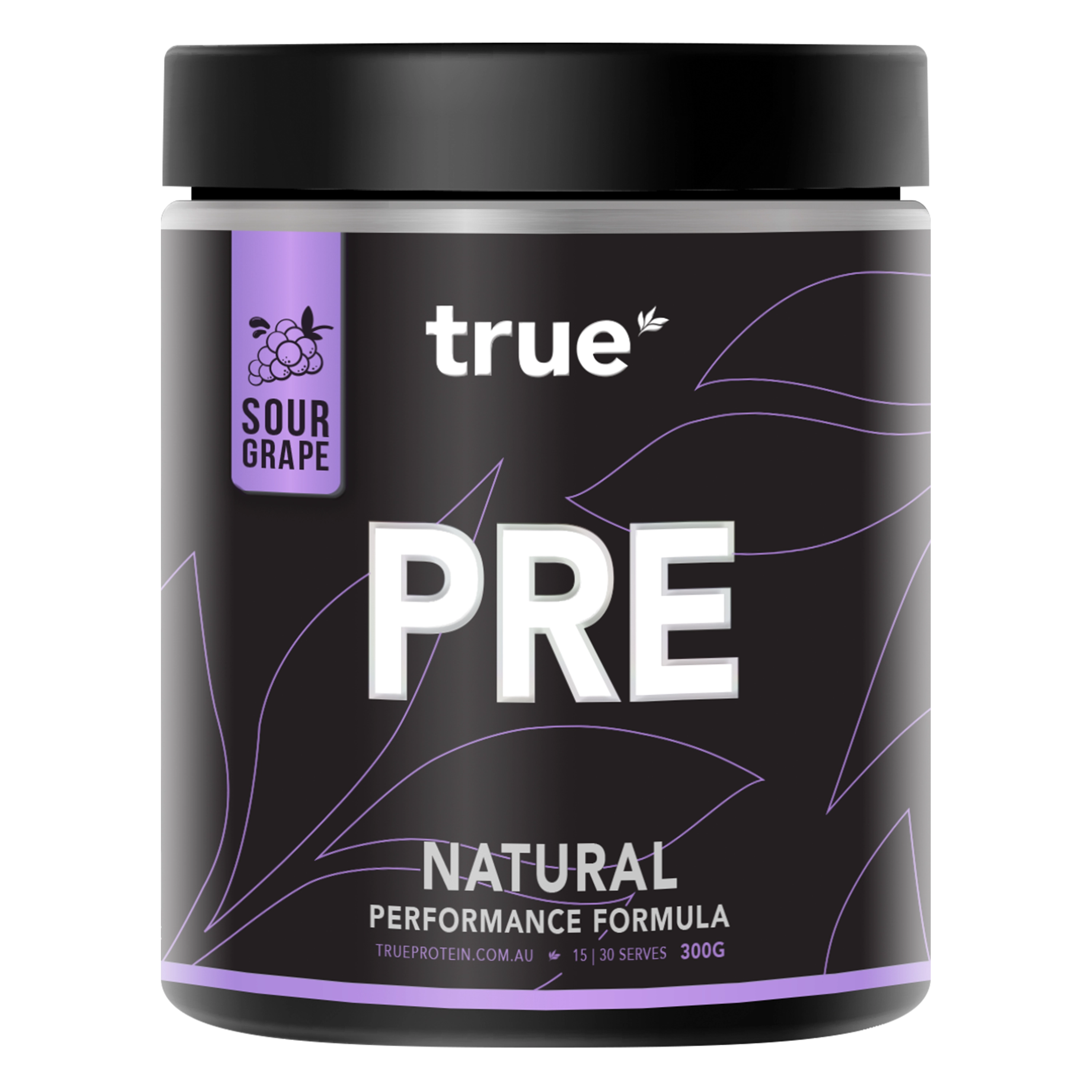 True PRE pre-workout powder tub, Sour Grape flavour, 300g Natural Performance Formula by True Protein — Australian sports supplement for energy and performance.