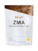 Alt text: White resealable pouch of "true ZMA" zinc & magnesium blend supplement powder, front-facing product packaging on plain background — zinc magnesium sleep & recovery supplement for athletes and adults.